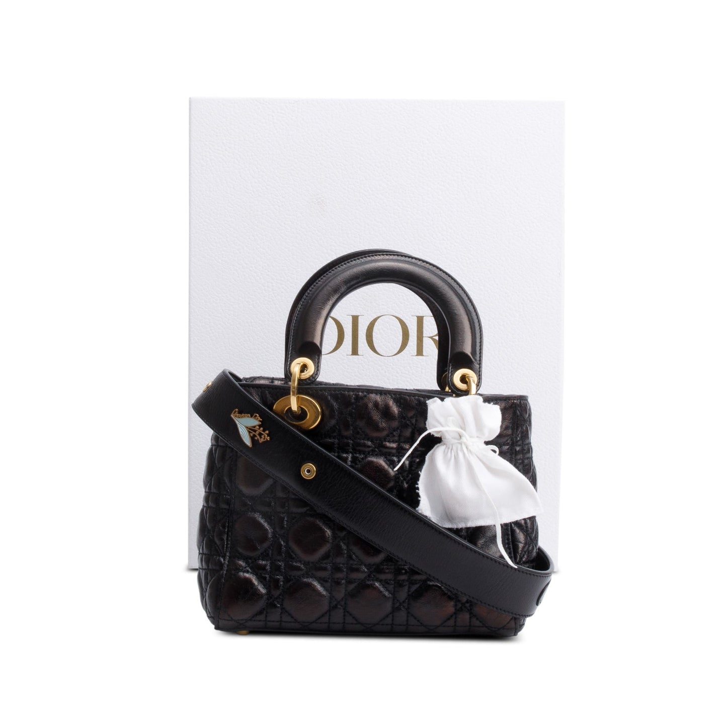 Christian Dior Black Cannage Crinkled Patent Leather Small Lucky Badges Lady Dior Bag