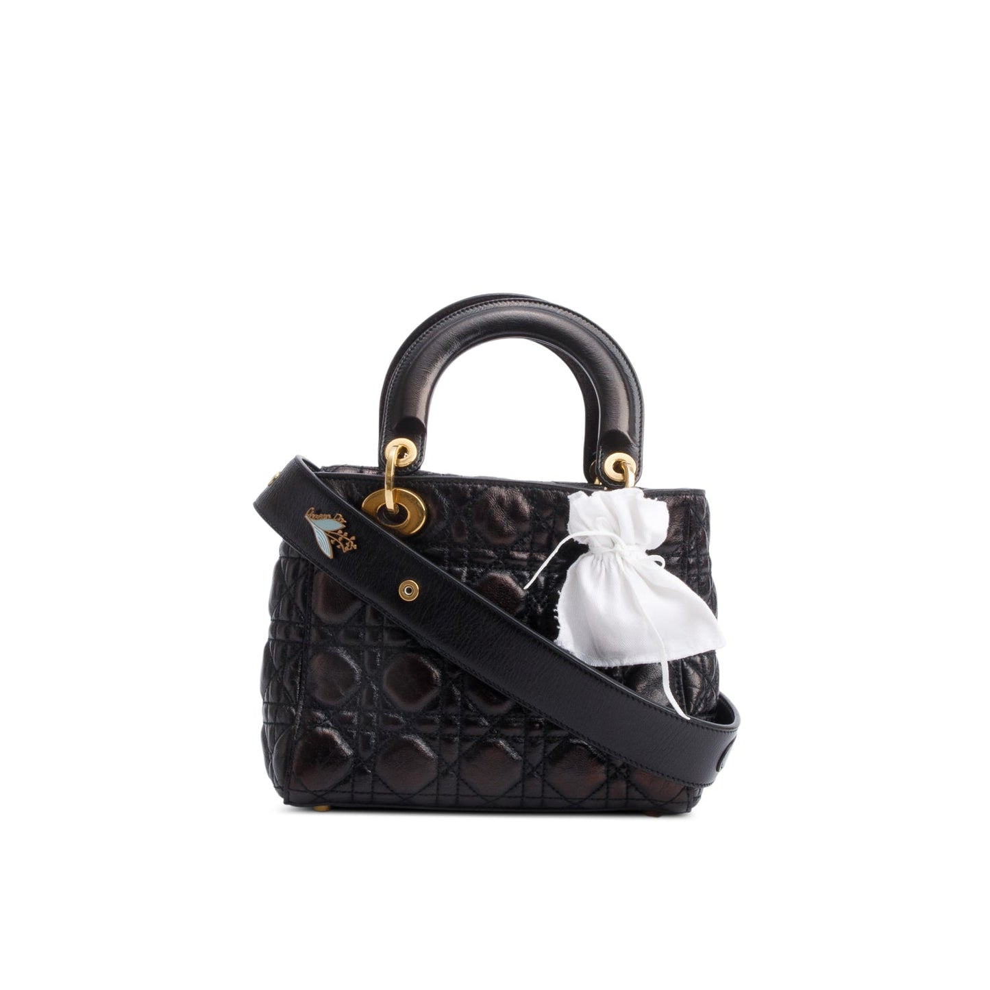 Christian Dior Black Cannage Crinkled Patent Leather Small Lucky Badges Lady Dior Bag