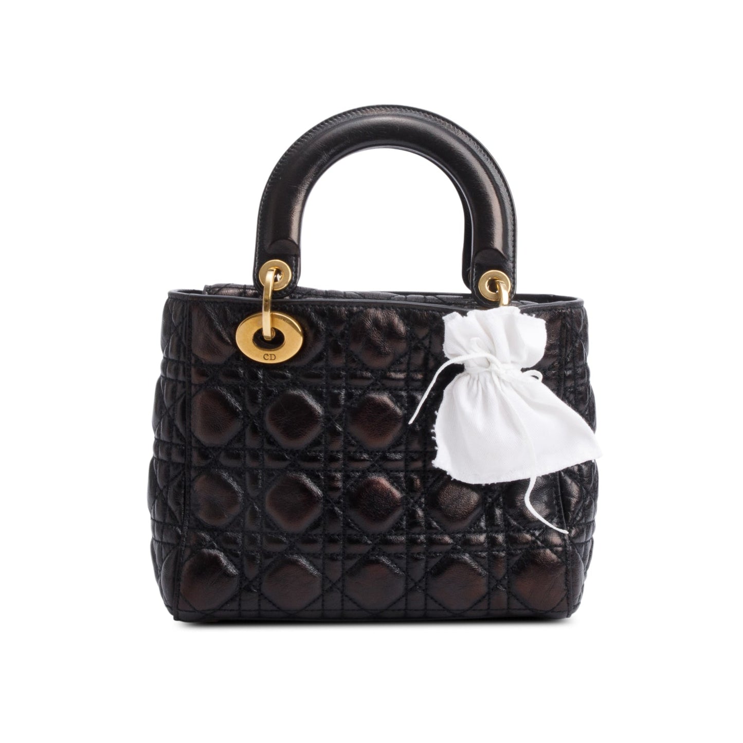 Christian Dior Black Cannage Crinkled Patent Leather Small Lucky Badges Lady Dior Bag