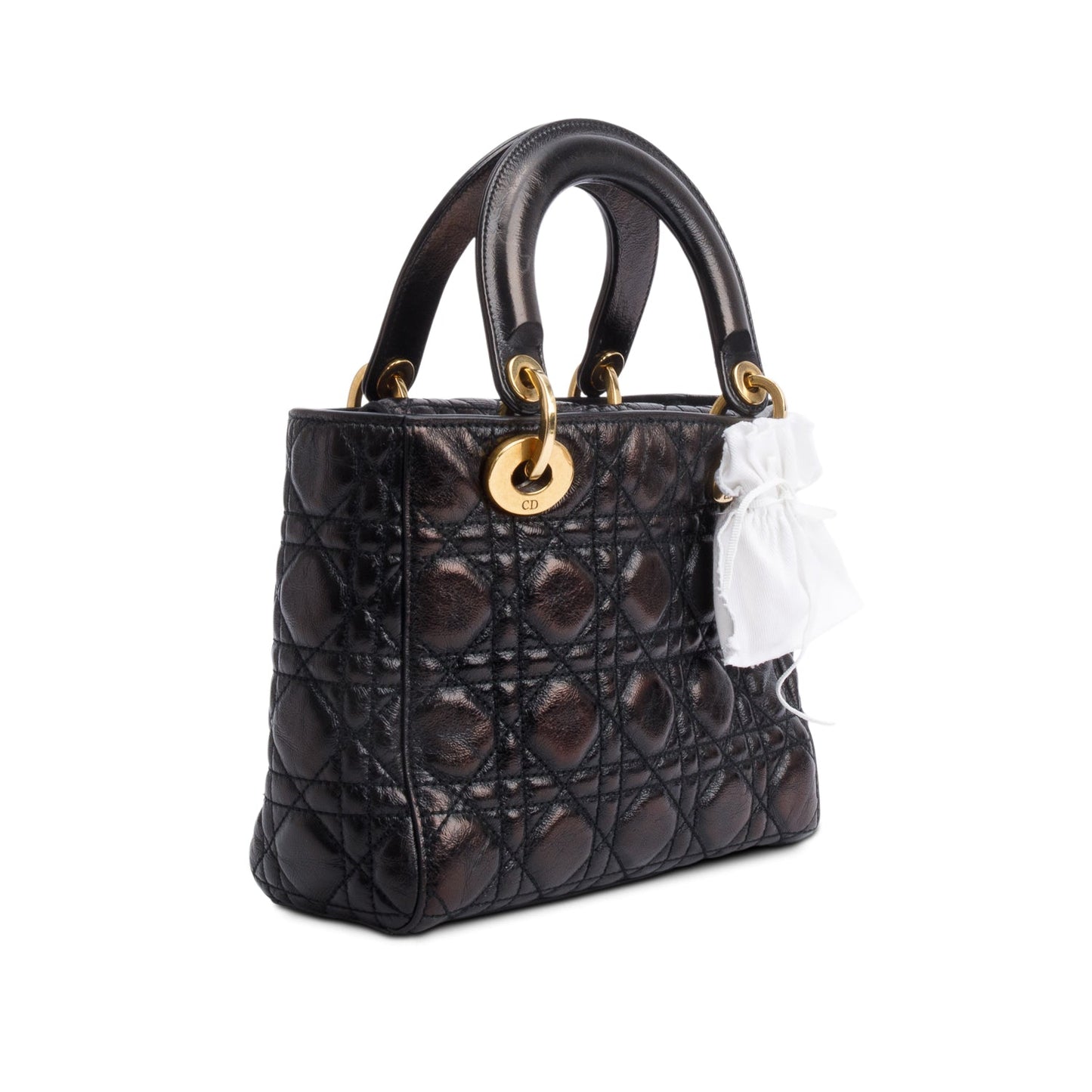 Christian Dior Black Cannage Crinkled Patent Leather Small Lucky Badges Lady Dior Bag