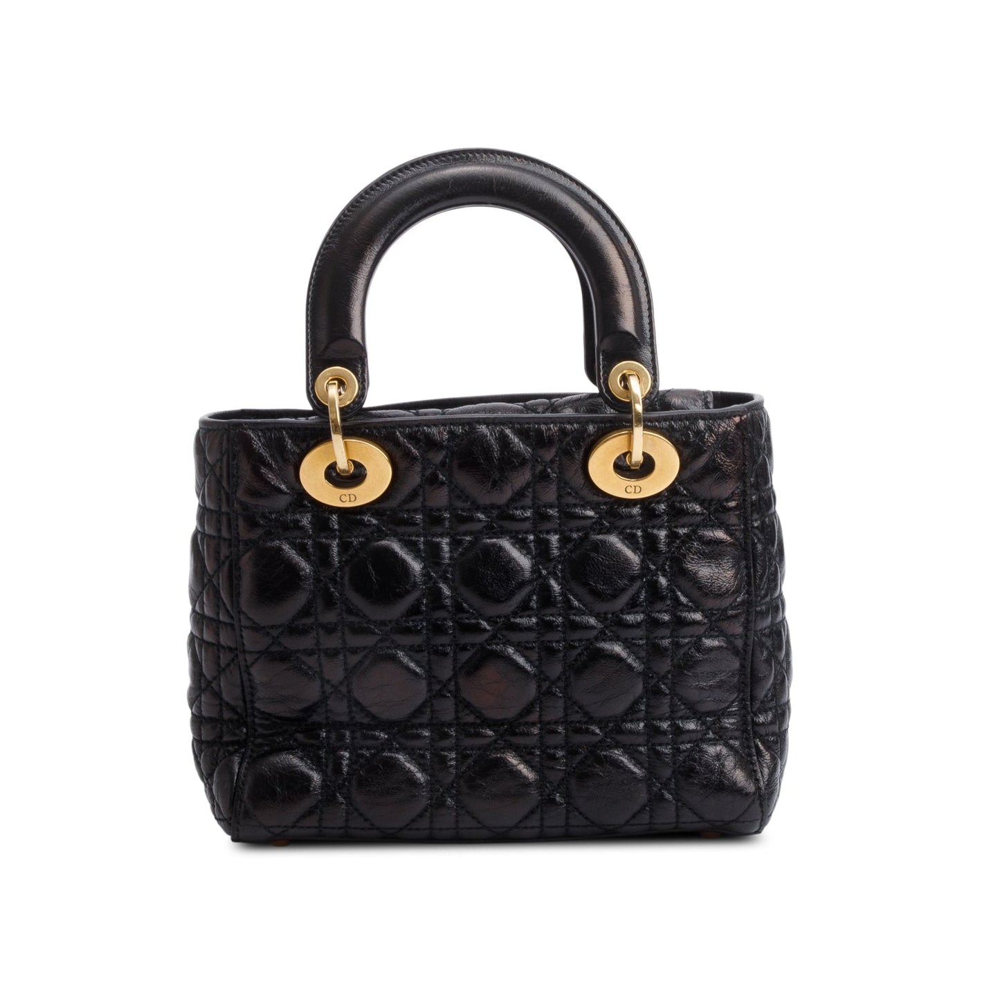 Christian Dior Black Cannage Crinkled Patent Leather Small Lucky Badges Lady Dior Bag
