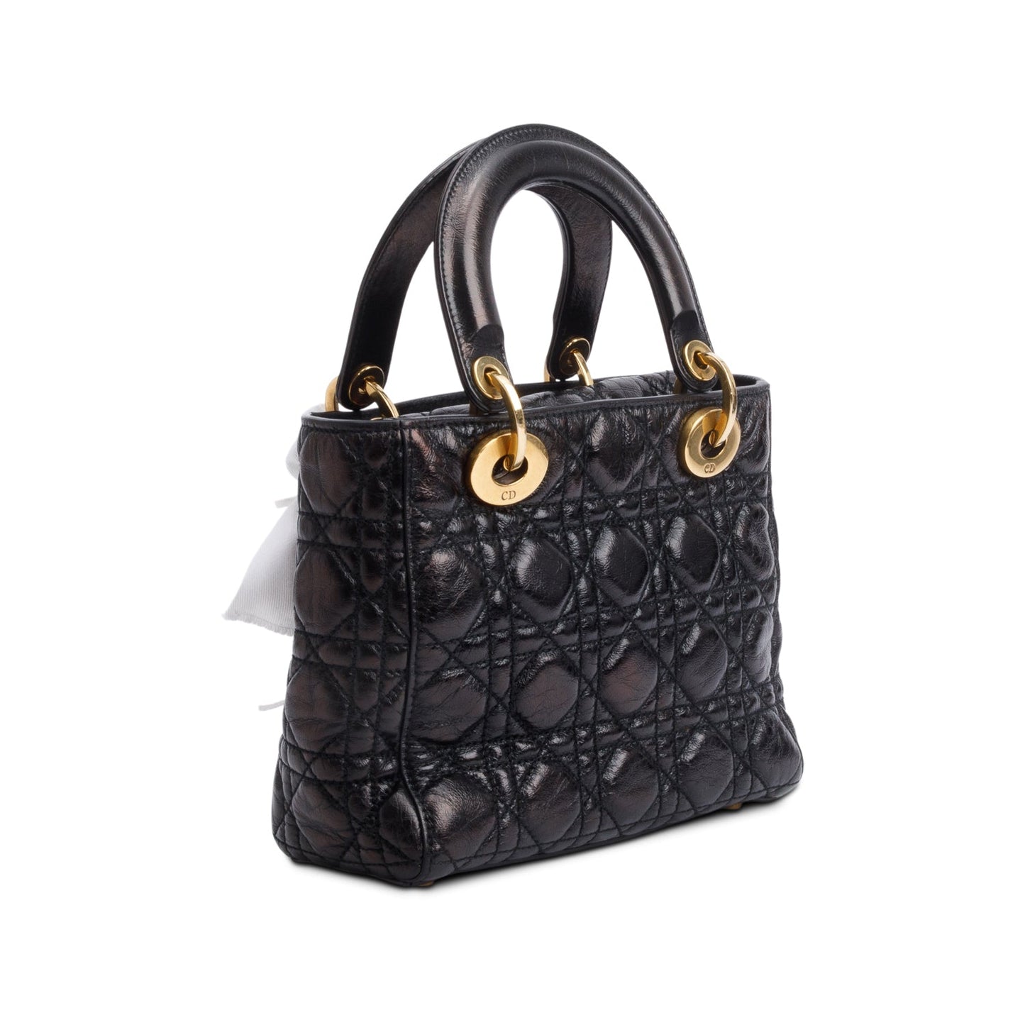Christian Dior Black Cannage Crinkled Patent Leather Small Lucky Badges Lady Dior Bag