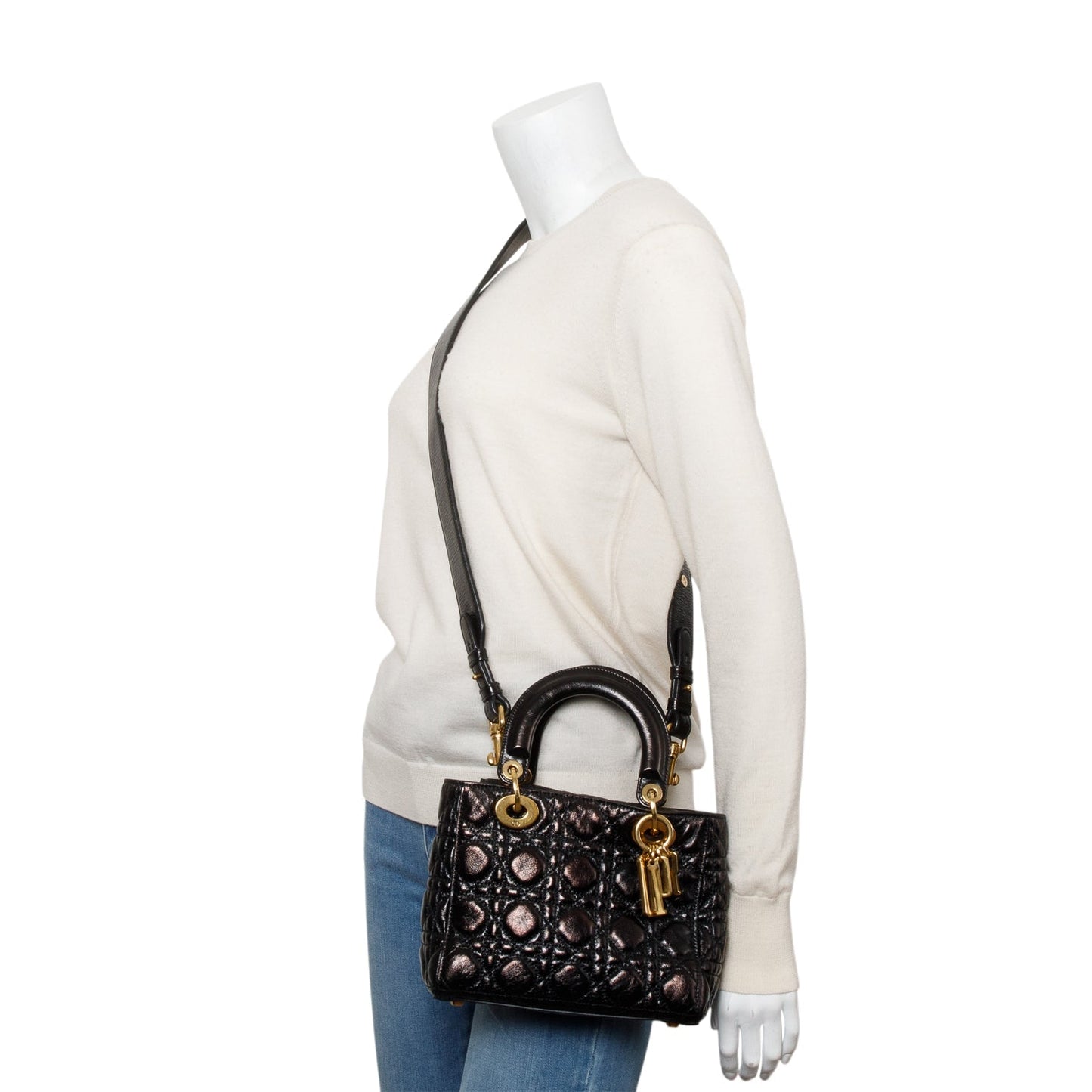 Christian Dior Black Cannage Crinkled Patent Leather Small Lucky Badges Lady Dior Bag