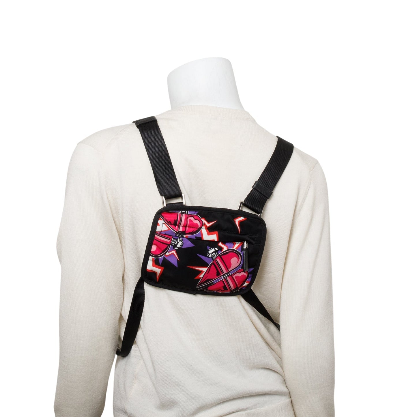 Prada X Universal Studios Black Multicolor Tessuto Nylon Frankenstein Heart Harnes Body Bag