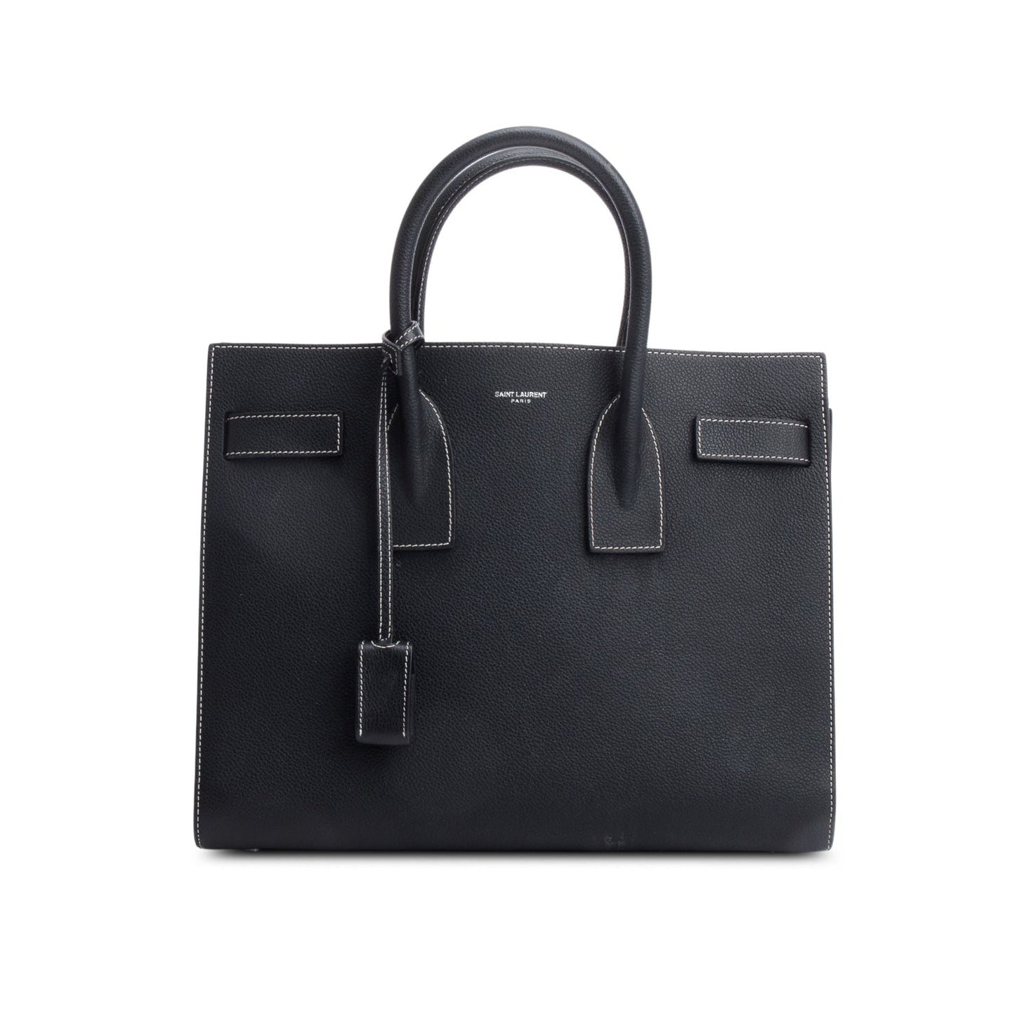 Saint Laurent Black Grained De Poudre Calfskin Leather Topstitch Small Sac De Jour Tote