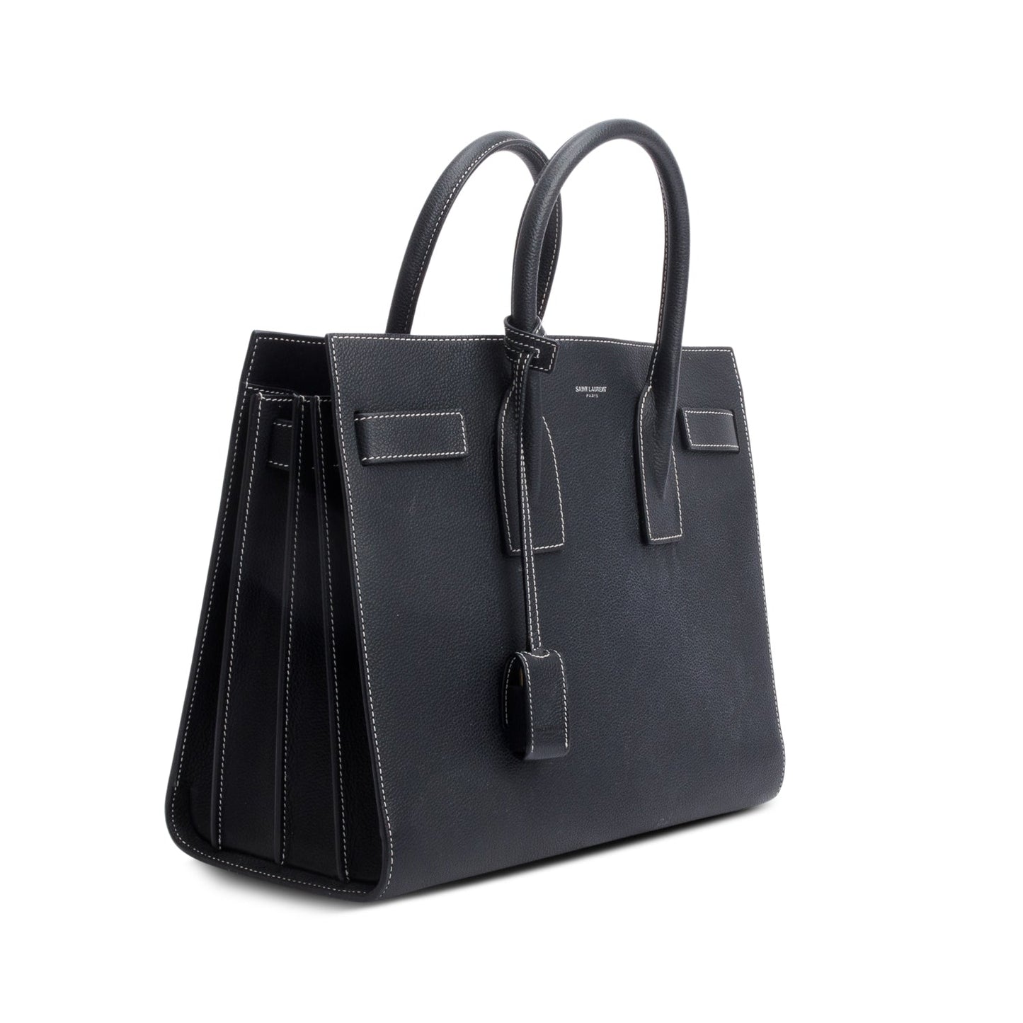 Saint Laurent Black Grained De Poudre Calfskin Leather Topstitch Small Sac De Jour Tote