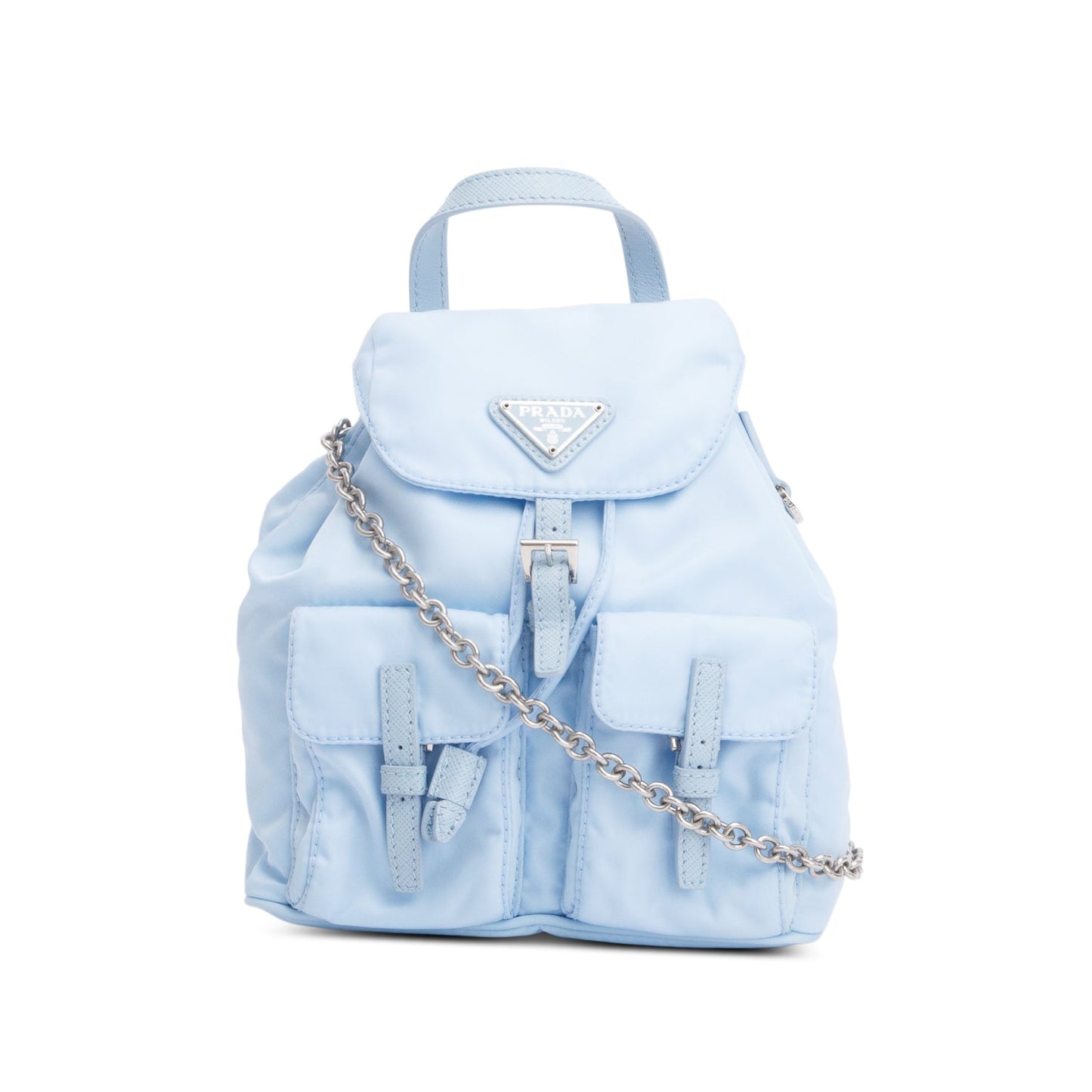 Prada 2022 Blue Tessuto Nylon & Saffiano Leather Mini Double Pocket Chain Shoulder Bag
