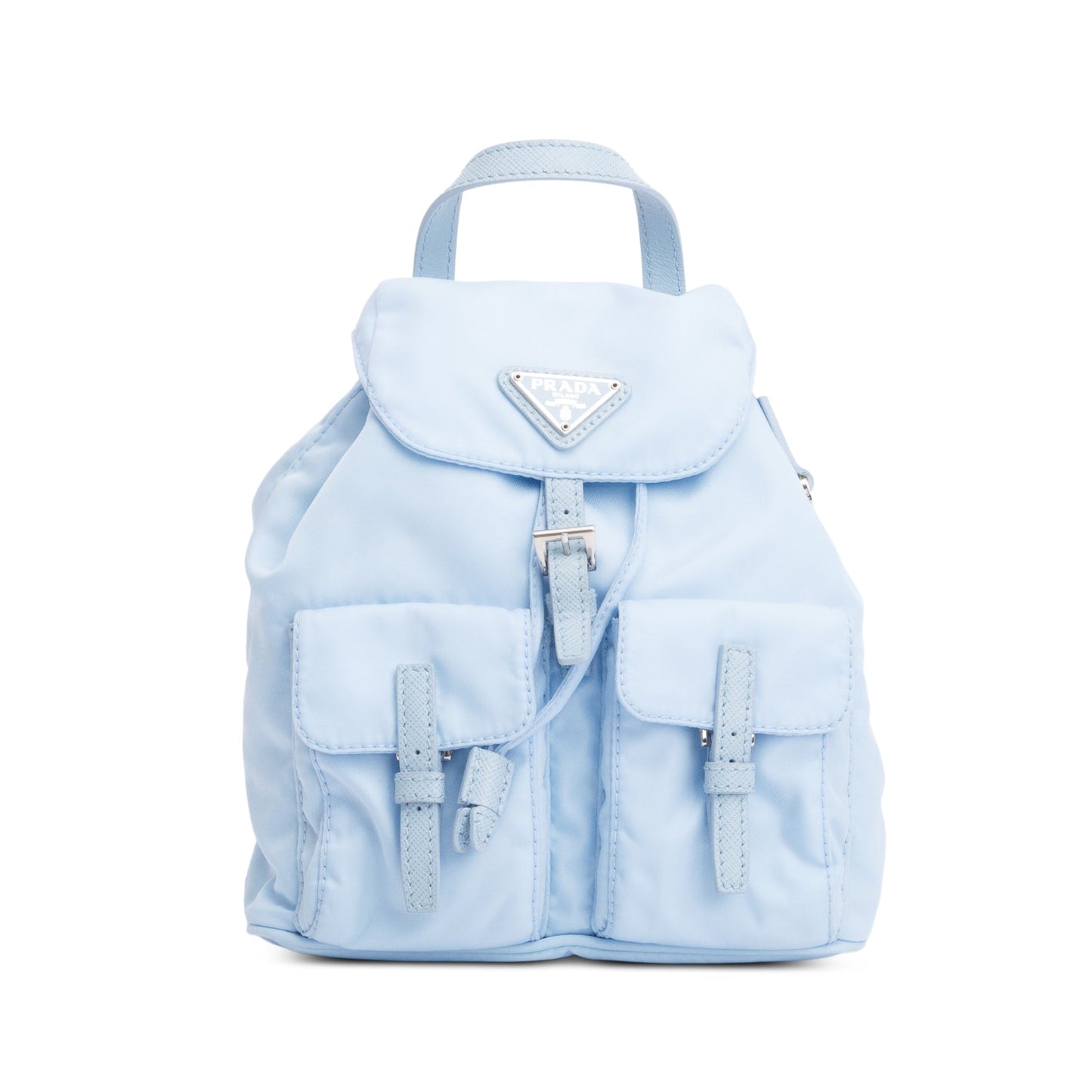 Prada 2022 Blue Tessuto Nylon & Saffiano Leather Mini Double Pocket Chain Shoulder Bag