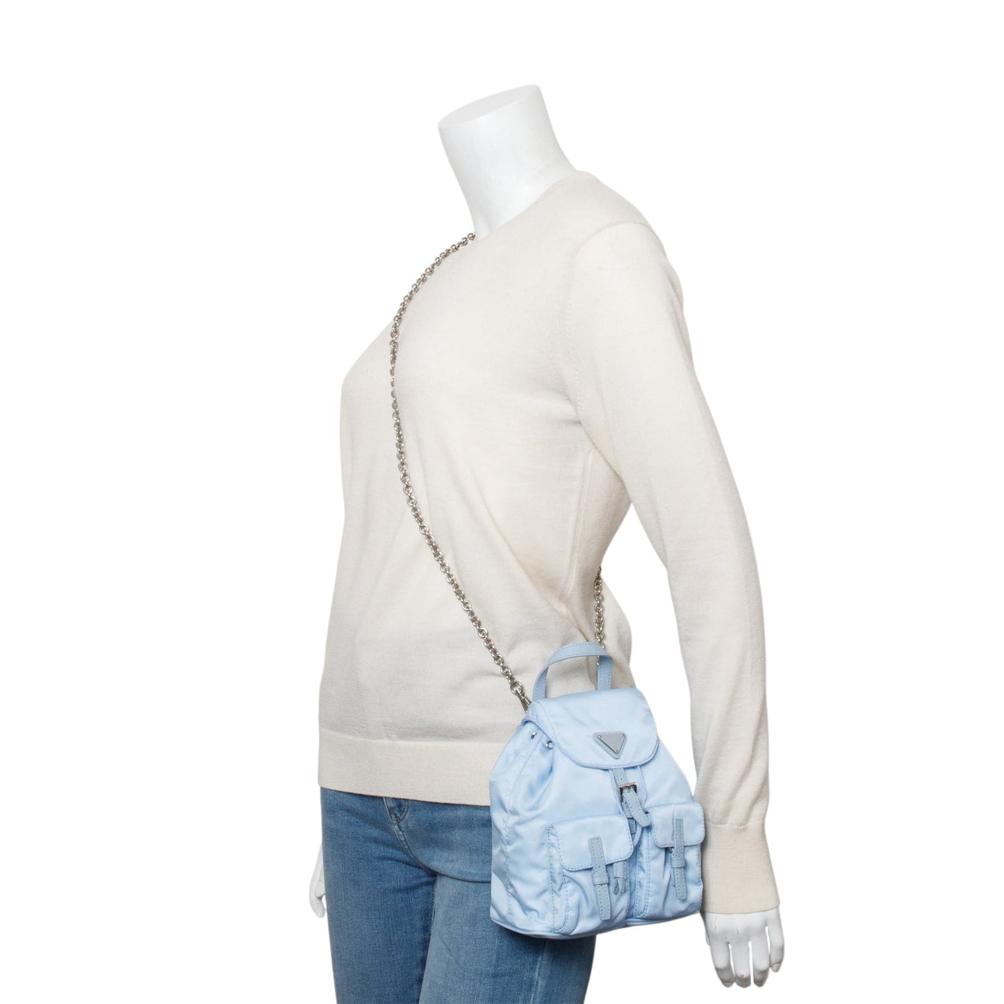 Prada 2022 Blue Tessuto Nylon & Saffiano Leather Mini Double Pocket Chain Shoulder Bag