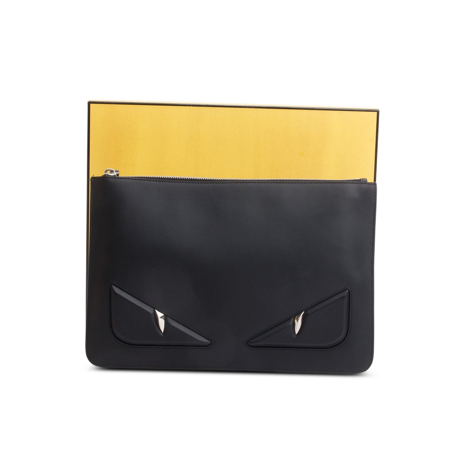Fendi Black Calfskin Leather Monster Eye Zip Clutch