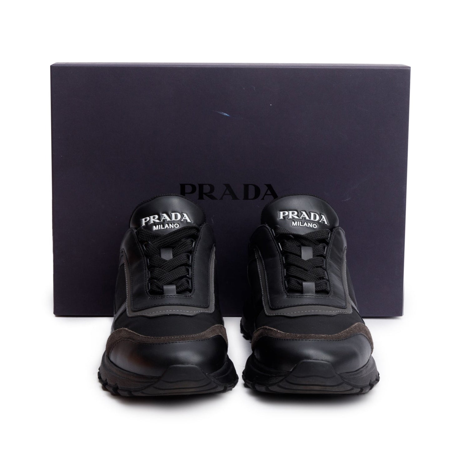 Prada Black Leather Suede Athletic Sneakers, Men's Size 6