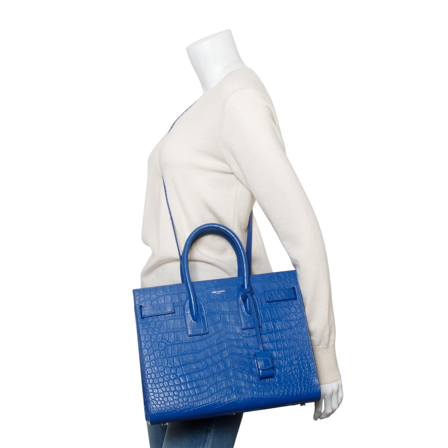 Saint Laurent Blue Crocodile Embossed Calfskin Leather Small Sac De Jour
