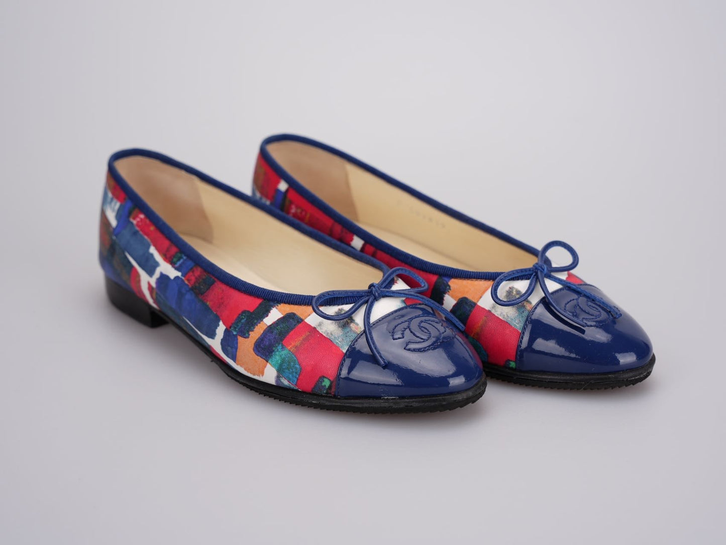Chanel Multicolor Abstract Patent CC Cap Toe Ballerina Flats Size 37