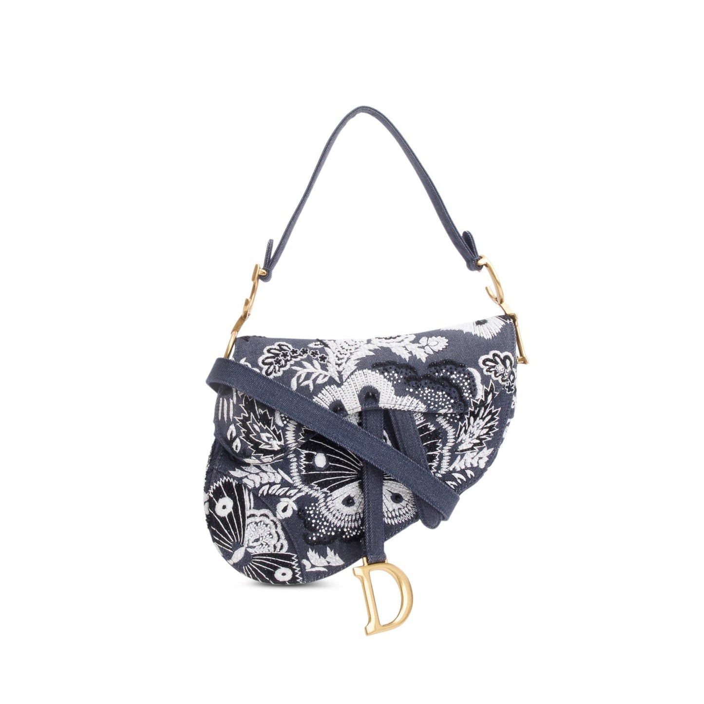 Christian Dior 2023 Blue Denim Embroidered Strass Beaded Butterfly & Flowers Medium Saddle Bag