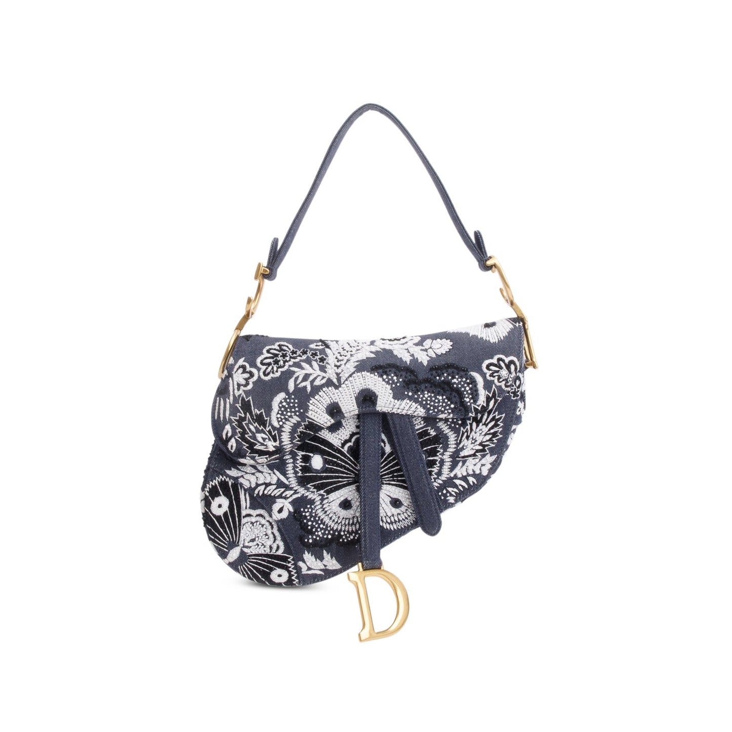 Christian Dior 2023 Blue Denim Embroidered Strass Beaded Butterfly & Flowers Medium Saddle Bag