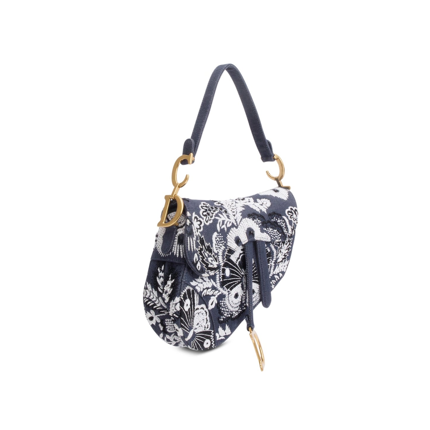 Christian Dior 2023 Blue Denim Embroidered Strass Beaded Butterfly & Flowers Medium Saddle Bag