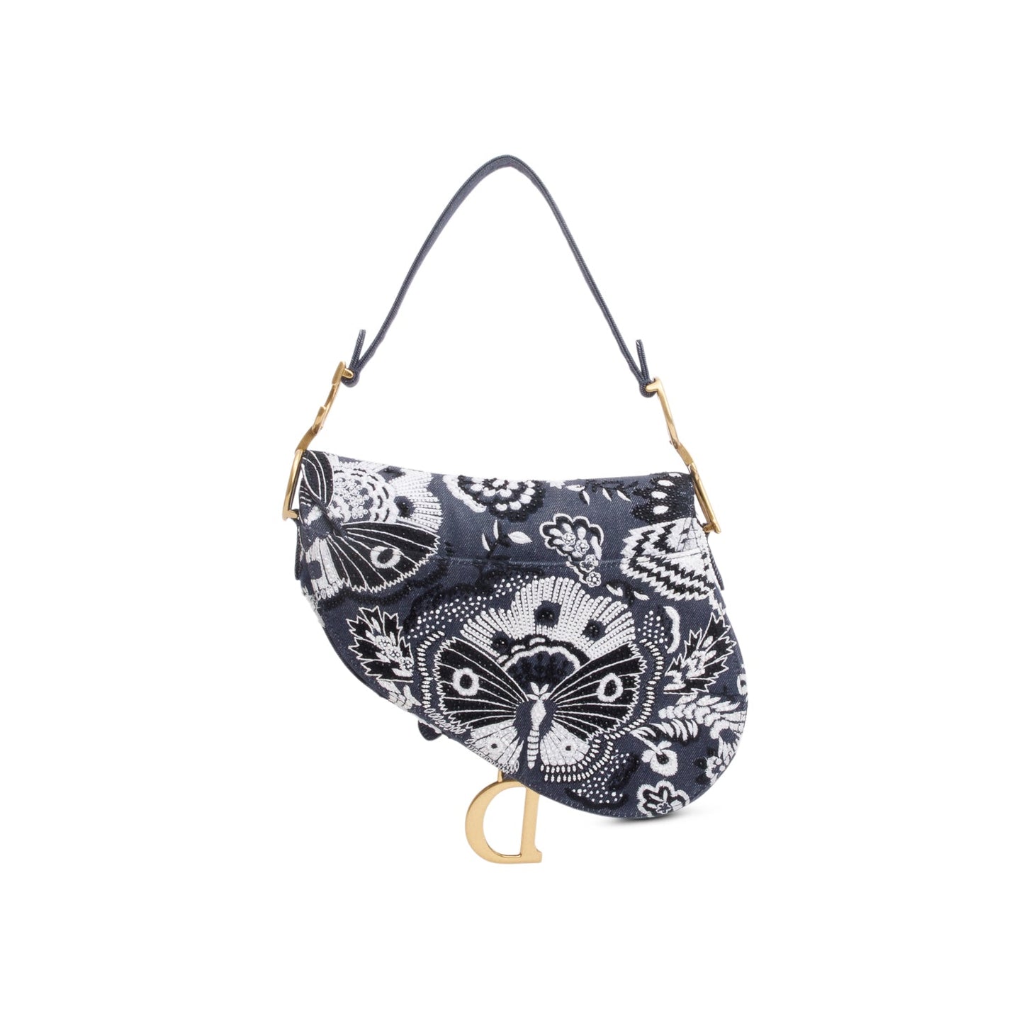 Christian Dior 2023 Blue Denim Embroidered Strass Beaded Butterfly & Flowers Medium Saddle Bag
