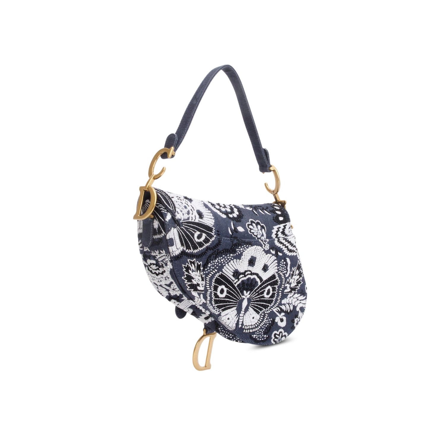 Christian Dior 2023 Blue Denim Embroidered Strass Beaded Butterfly & Flowers Medium Saddle Bag