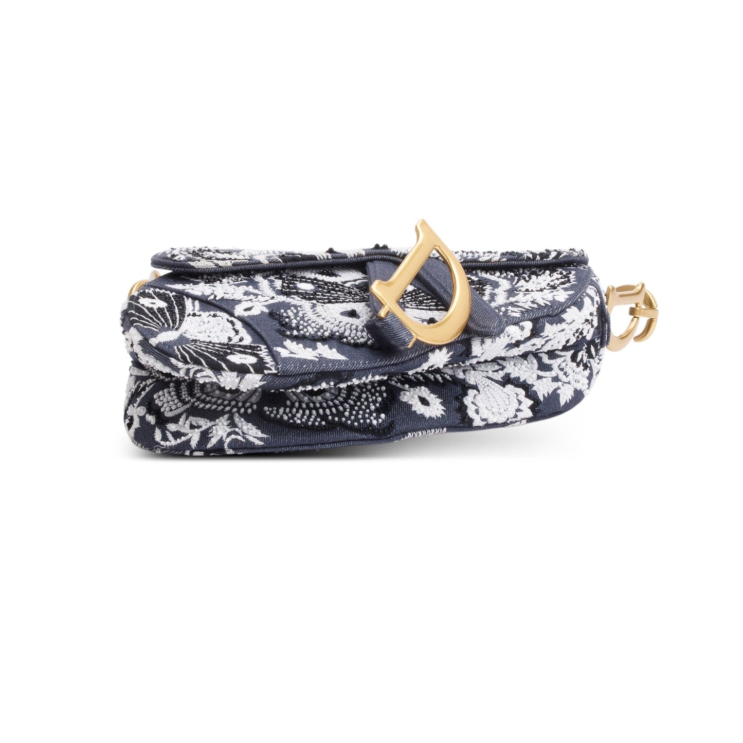 Christian Dior 2023 Blue Denim Embroidered Strass Beaded Butterfly & Flowers Medium Saddle Bag