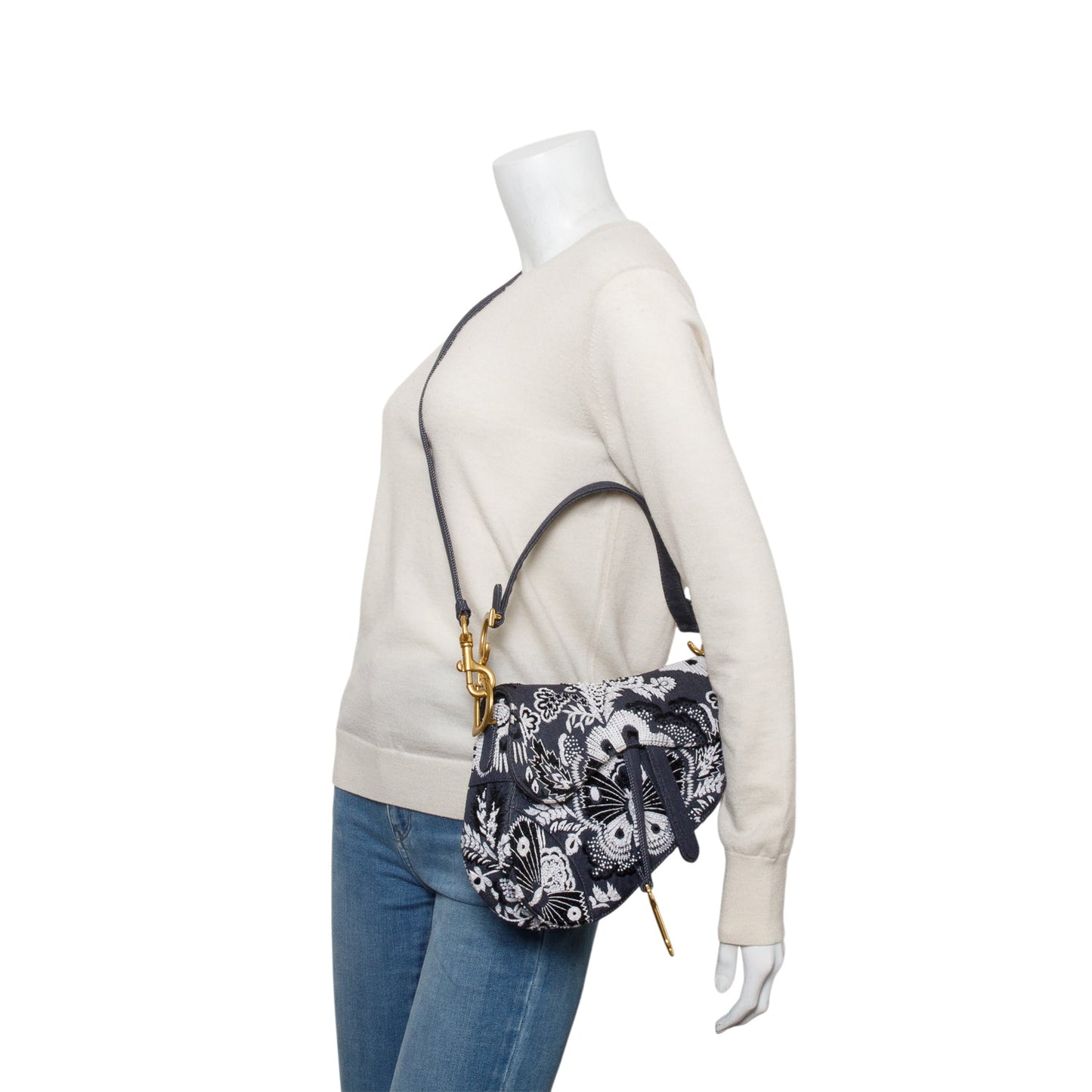 Christian Dior 2023 Blue Denim Embroidered Strass Beaded Butterfly & Flowers Medium Saddle Bag