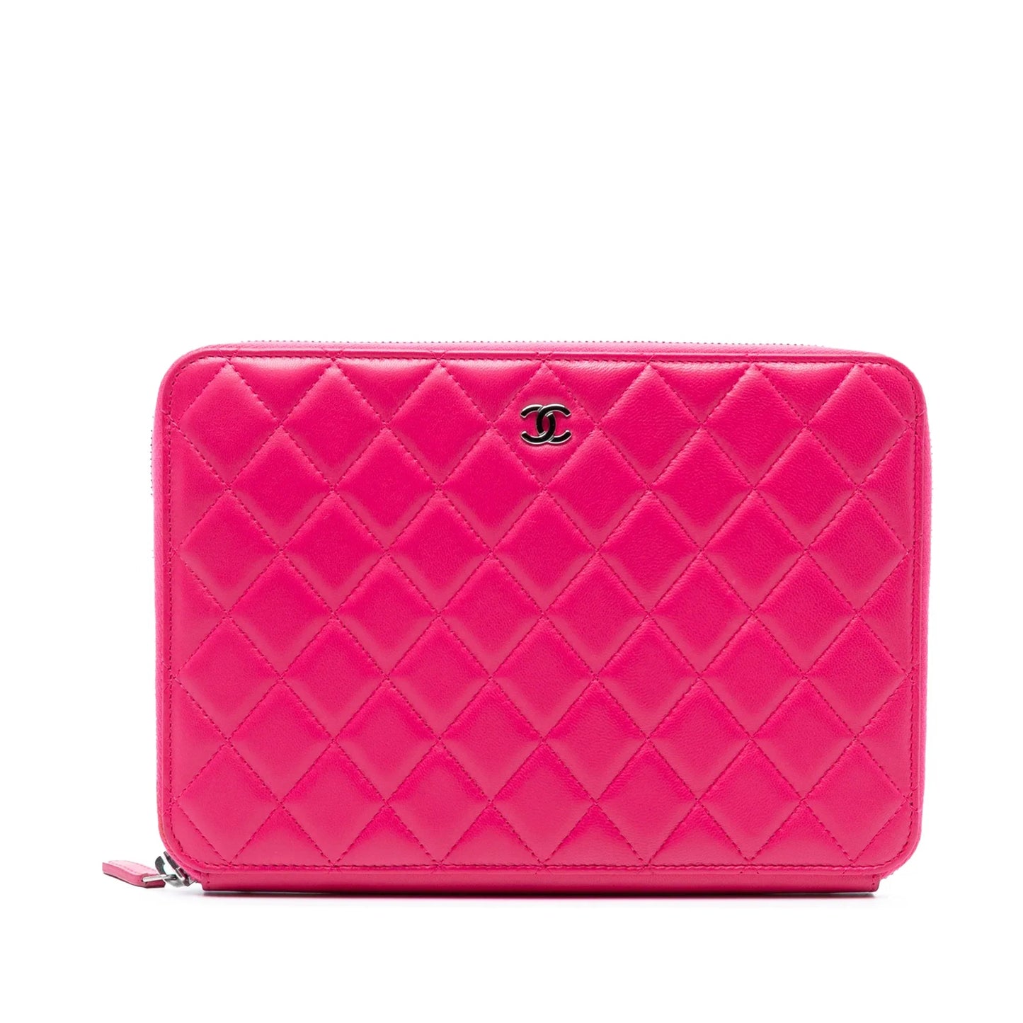 Pink Chanel Large Quilted Lambskin Zip Around Organizer Clutch