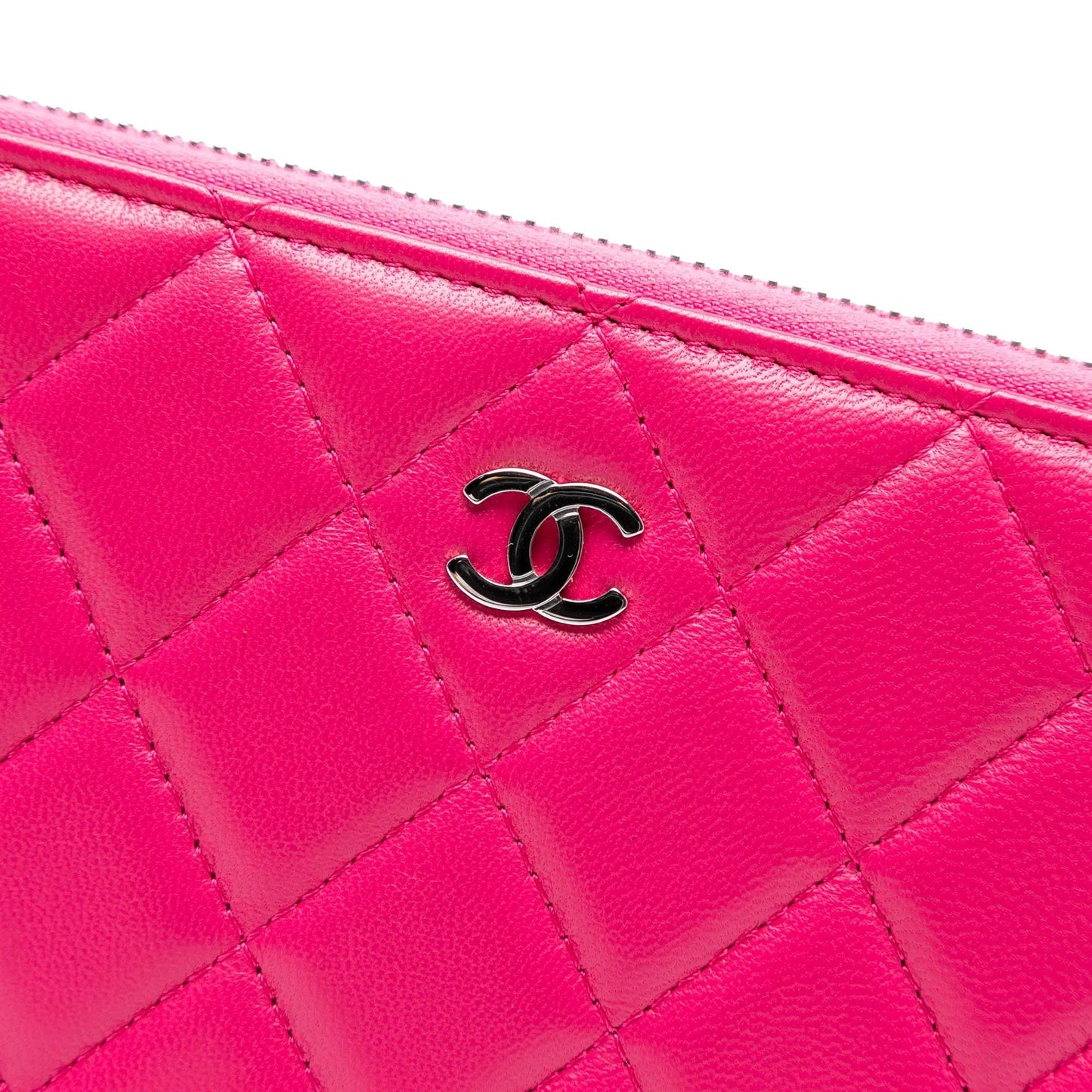 Pink Chanel Large Quilted Lambskin Zip Around Organizer Clutch