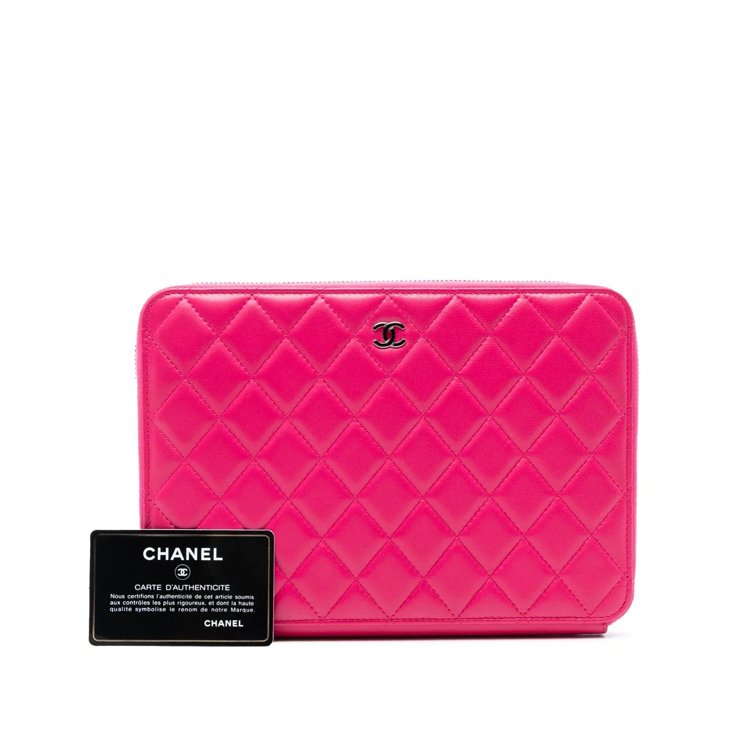 Pink Chanel Large Quilted Lambskin Zip Around Organizer Clutch
