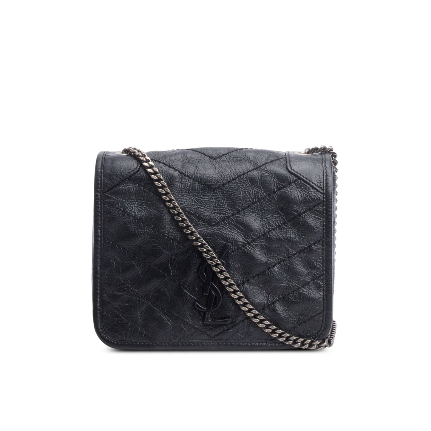 Saint Laurent Black Crinkled Calfskin Matelasse Leather Niki Chain Wallet