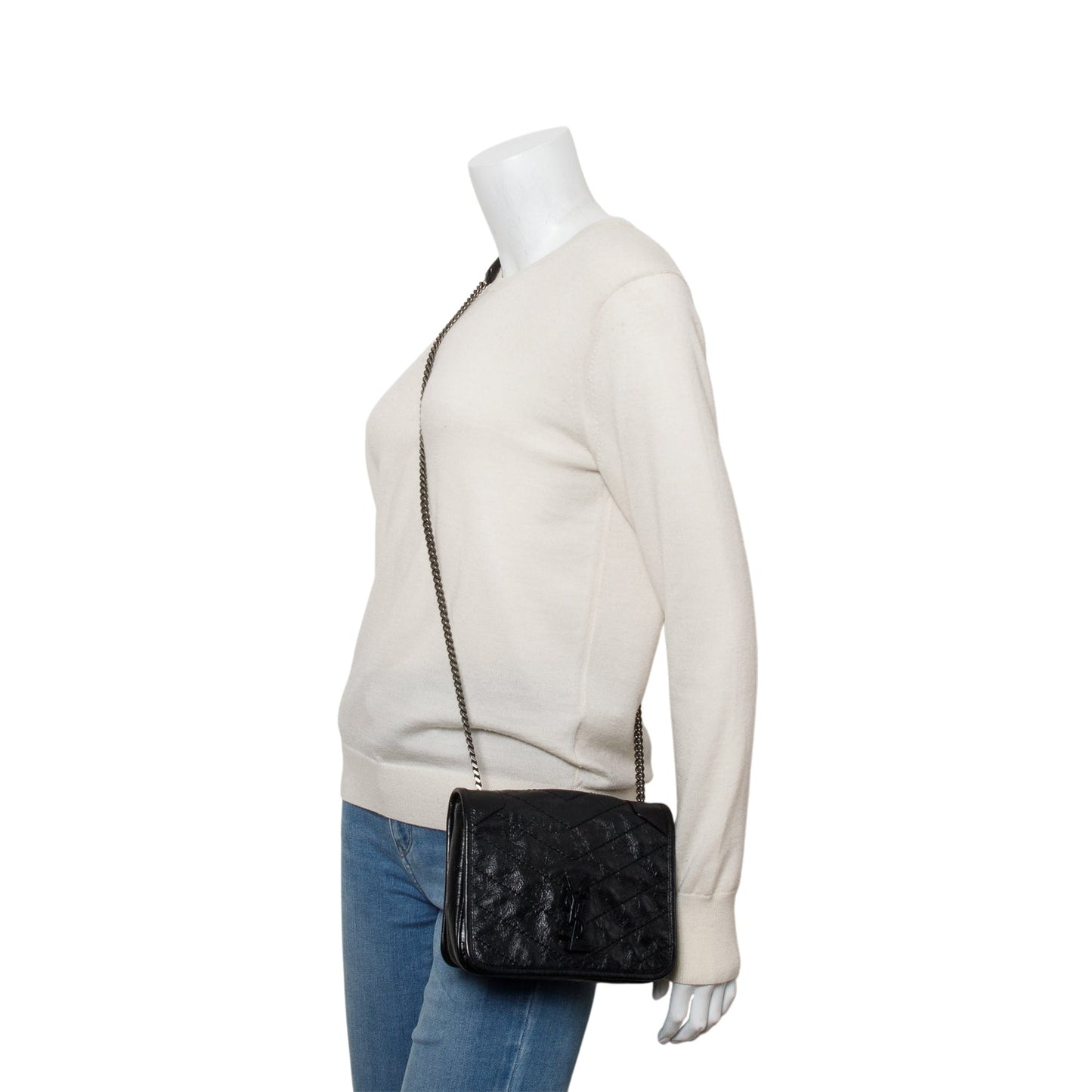 Saint Laurent Black Crinkled Calfskin Matelasse Leather Niki Chain Wallet