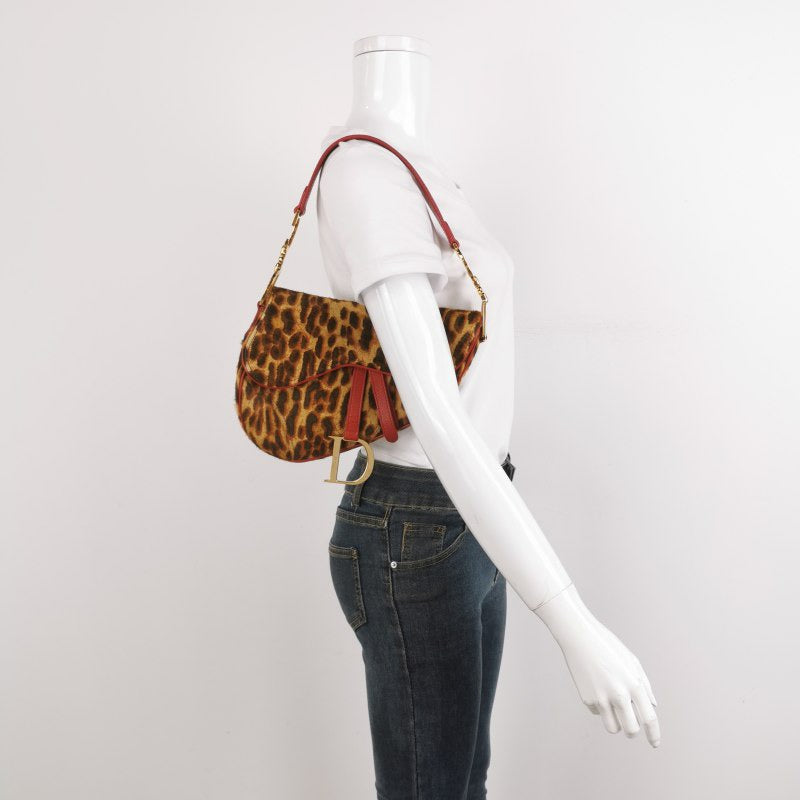 Dior Saddle   Leopard Print Ponyhair and Red Leather John Galliano Rare