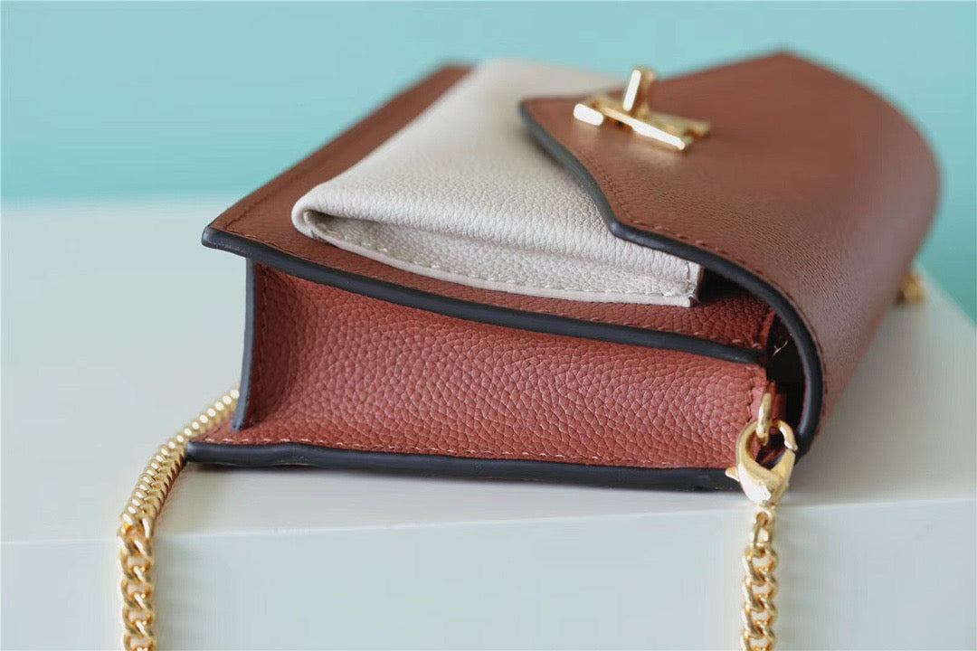 Top Quality Mylockme Chain Pochette Brown / Quartz White For Women,  Shoulder and Crossbody Bags 7.5in/19cm Top Quality 