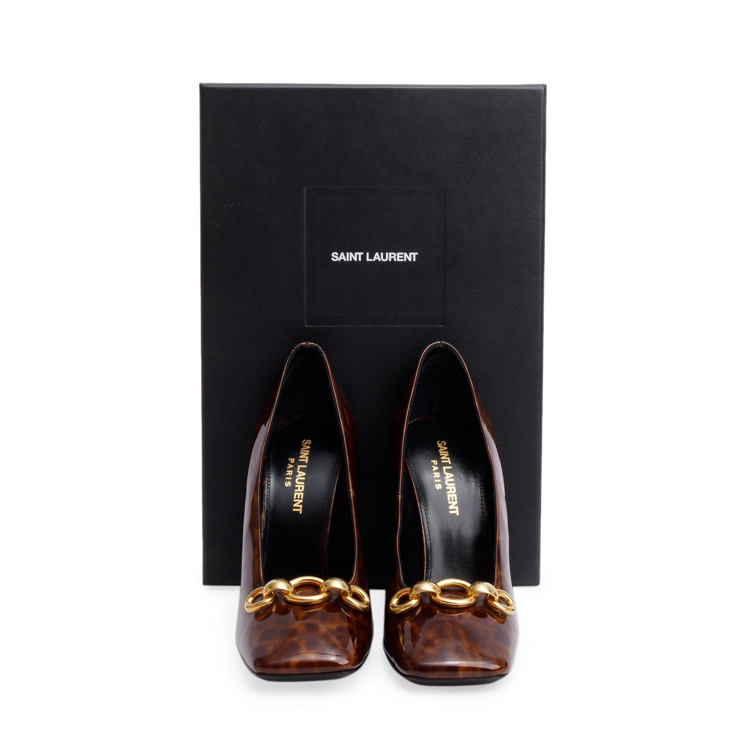 Saint Laurent Brown Leopard Print Patent Leather Chain-Link Accent Swing 110 Pumps, Size 36.5