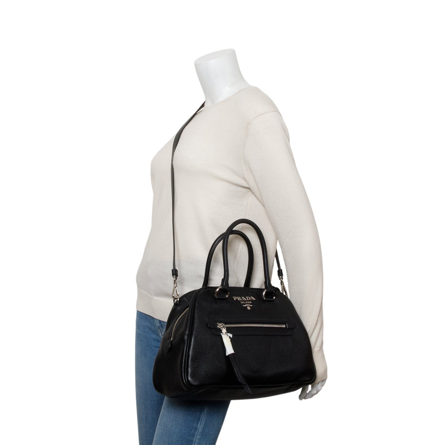 Prada Black Vitello Phenix Leather Convertible Bowling Bag/ Strap & Authenticity Card