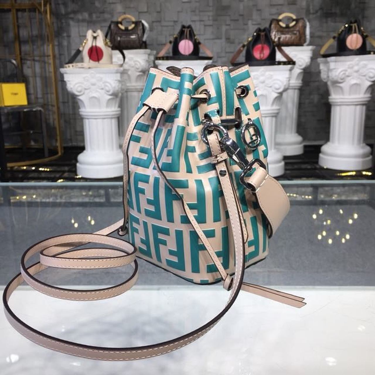 Top QualityTop Quality Mon Tresor Beige/Teal For Women, Women’s Handbags, Shoulder And Crossbody Bags 7in/18cm FF 8BS010