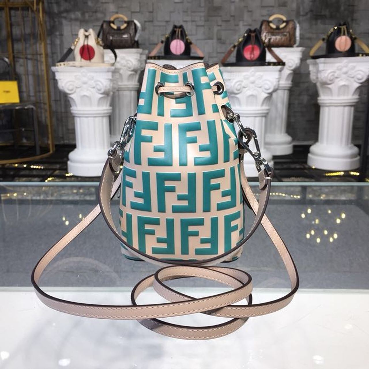 Top QualityTop Quality Mon Tresor Beige/Teal For Women, Women’s Handbags, Shoulder And Crossbody Bags 7in/18cm FF 8BS010