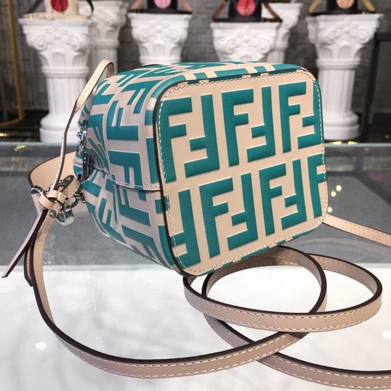 Top QualityTop Quality Mon Tresor Beige/Teal For Women, Women’s Handbags, Shoulder And Crossbody Bags 7in/18cm FF 8BS010