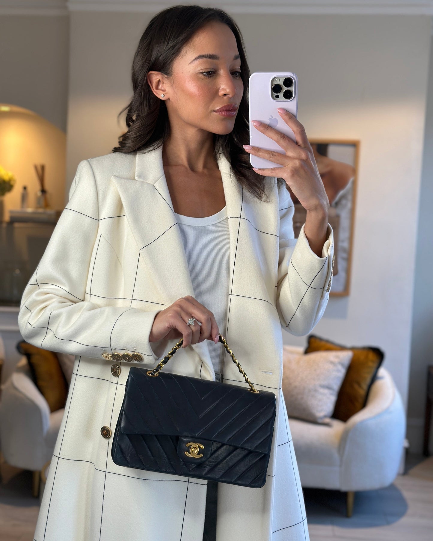 Chanel Navy   Classic Medium Chevron Double Flap Bag in Lambskin Leather with 24K Gold Hardware