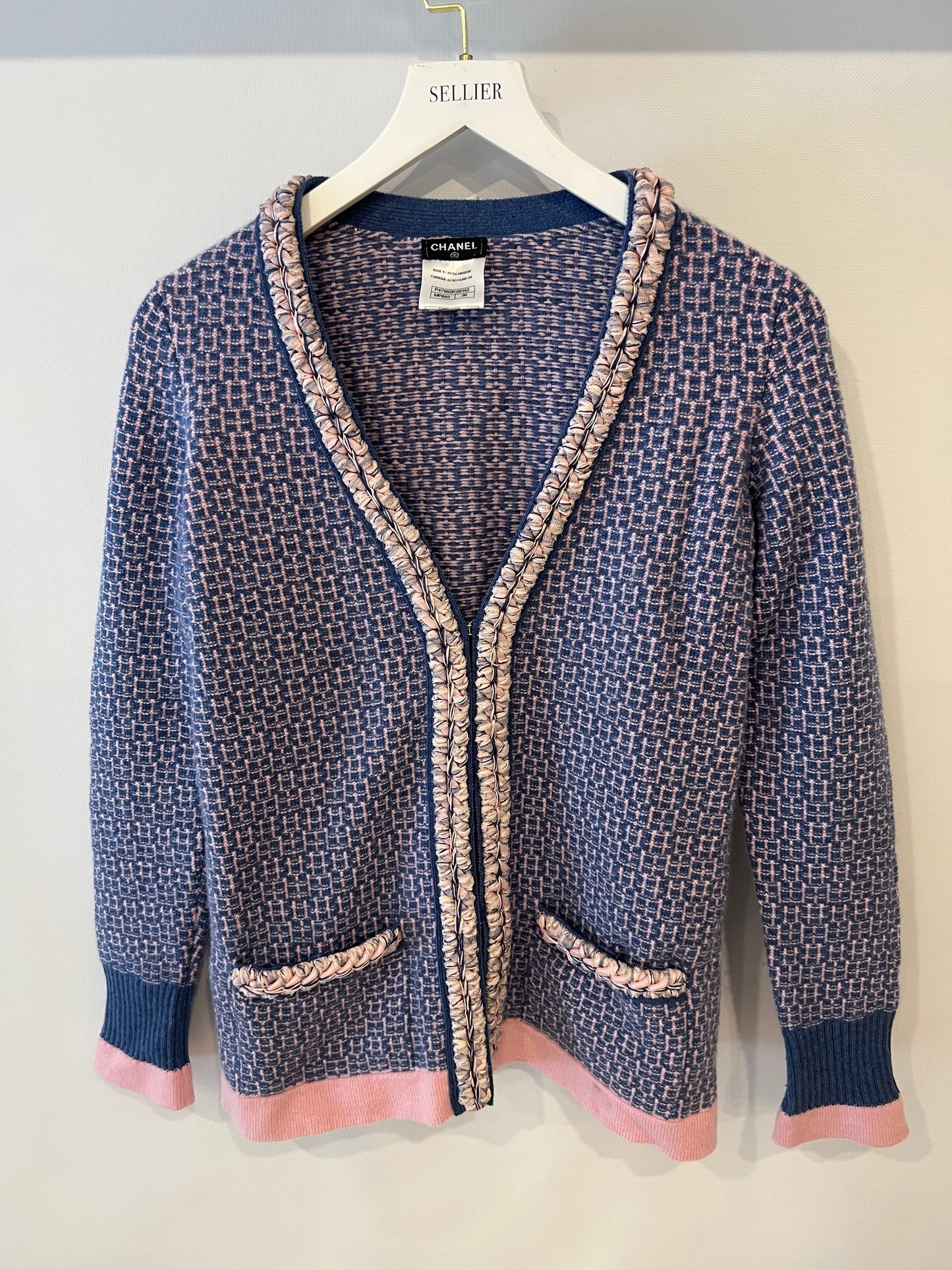 Chanel 11/C Blue and Pink Cashmere Knitted Cardigan with Braided Trim Detail Size FR 36 (UK 8)