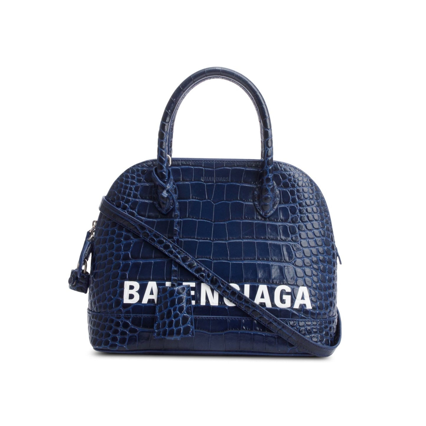 Balenciaga Navy Shiny Calfskin Logo Croc Embossed S Ville Top Handle Bag