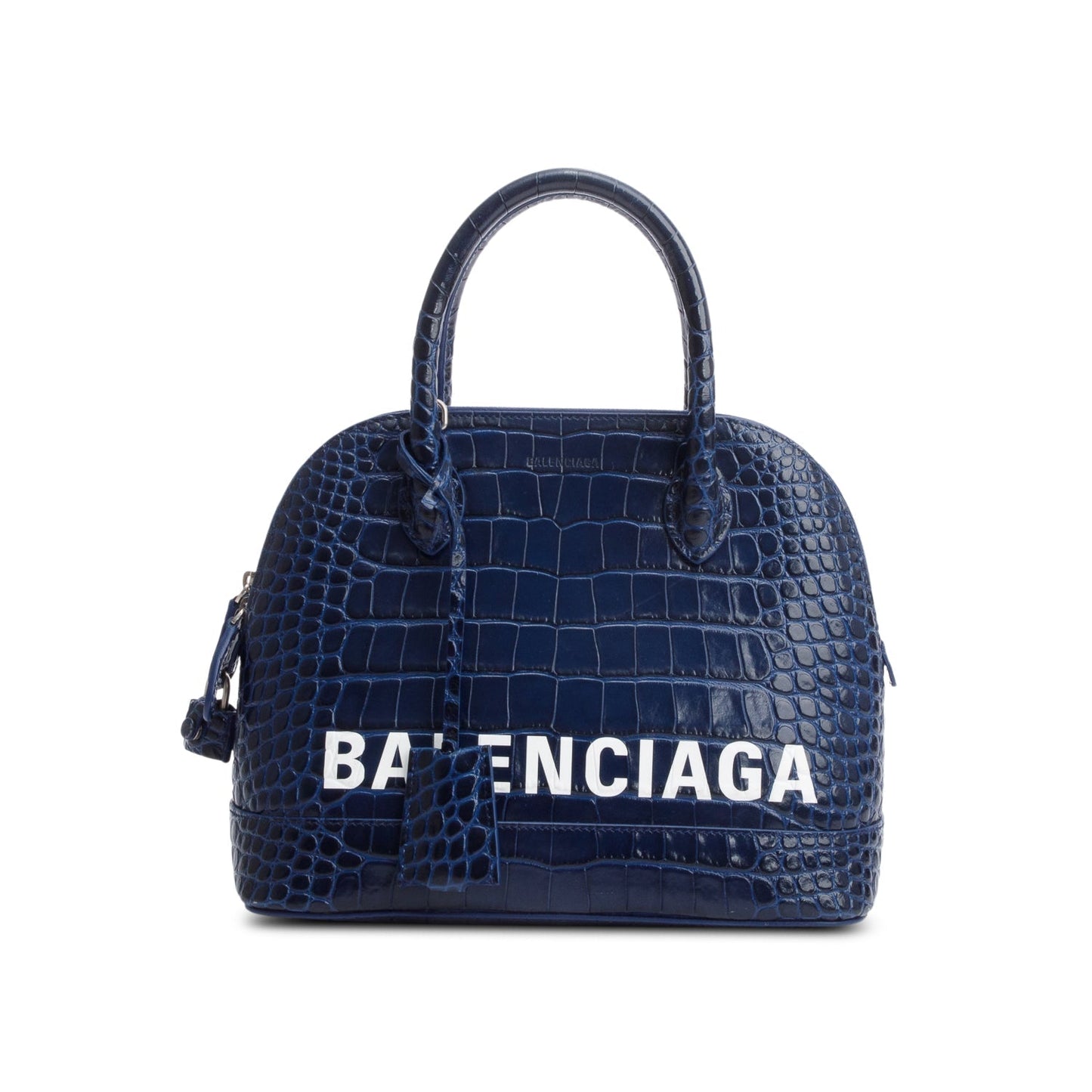 Balenciaga Navy Shiny Calfskin Logo Croc Embossed S Ville Top Handle Bag