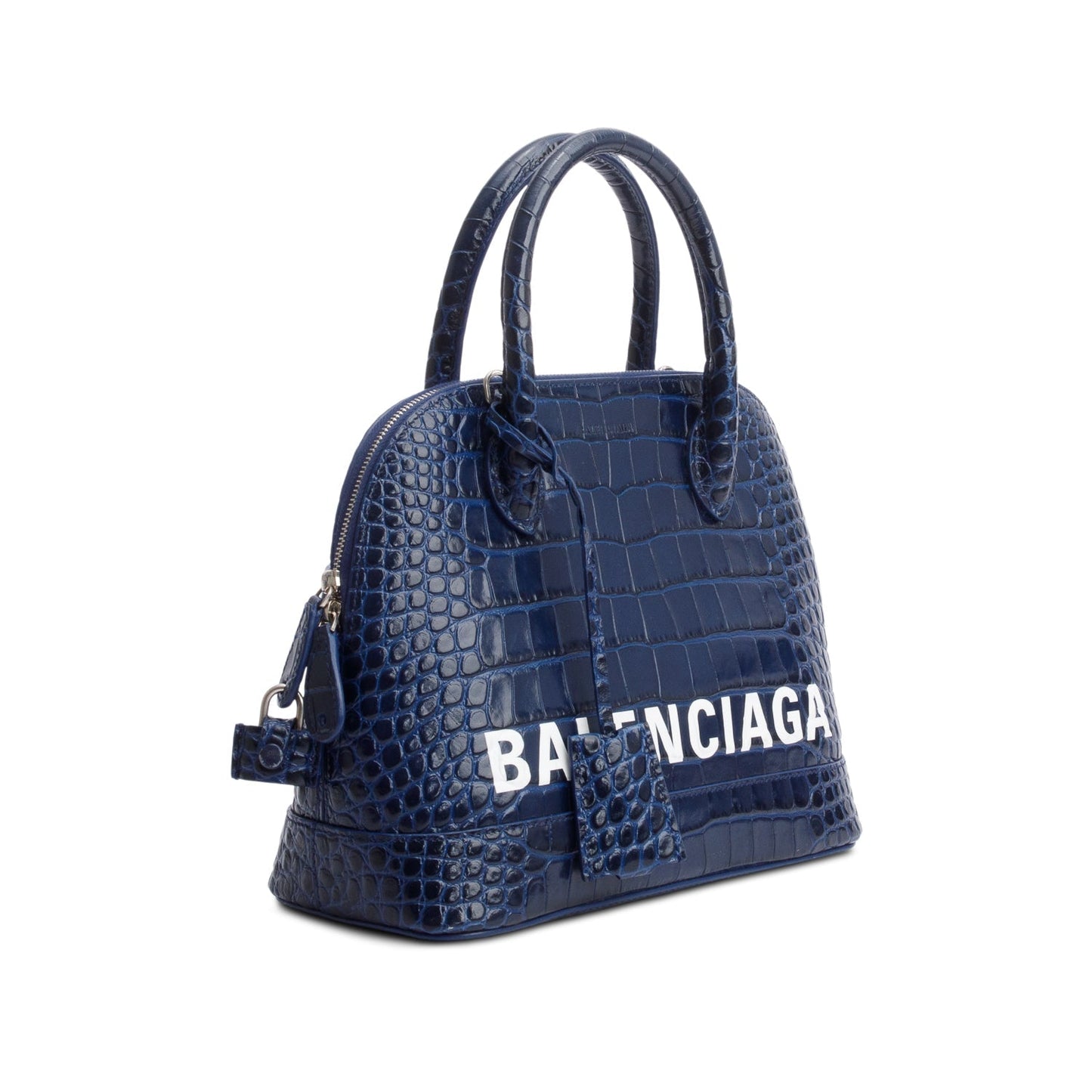 Balenciaga Navy Shiny Calfskin Logo Croc Embossed S Ville Top Handle Bag