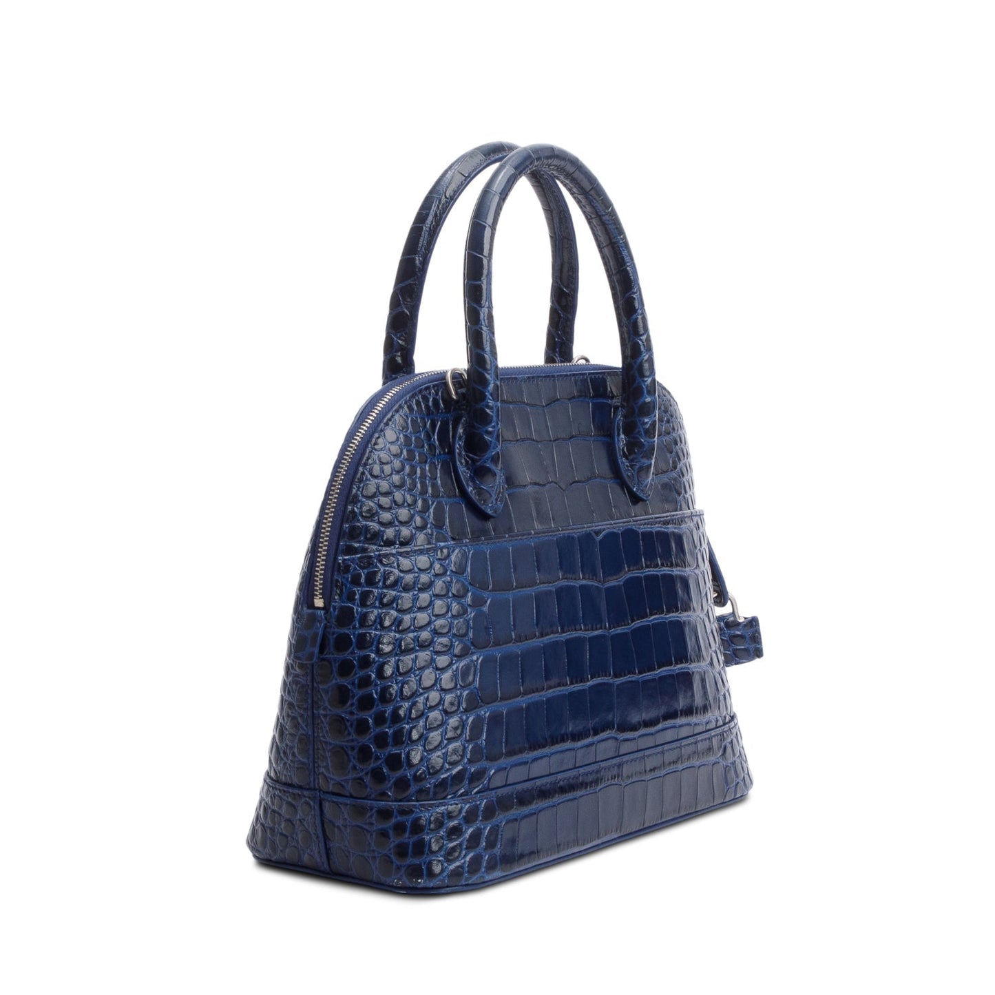 Balenciaga Navy Shiny Calfskin Logo Croc Embossed S Ville Top Handle Bag