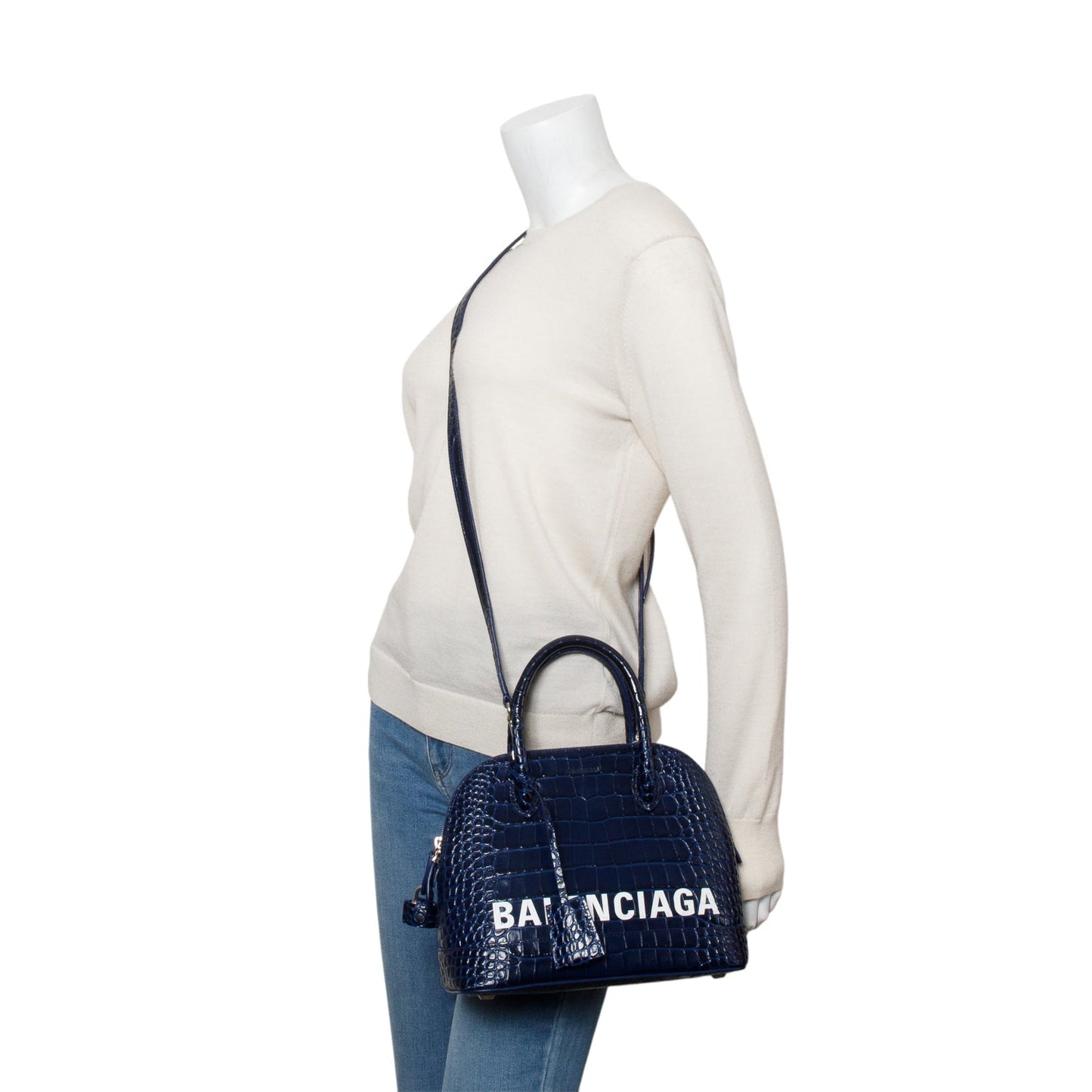 Balenciaga Navy Shiny Calfskin Logo Croc Embossed S Ville Top Handle Bag