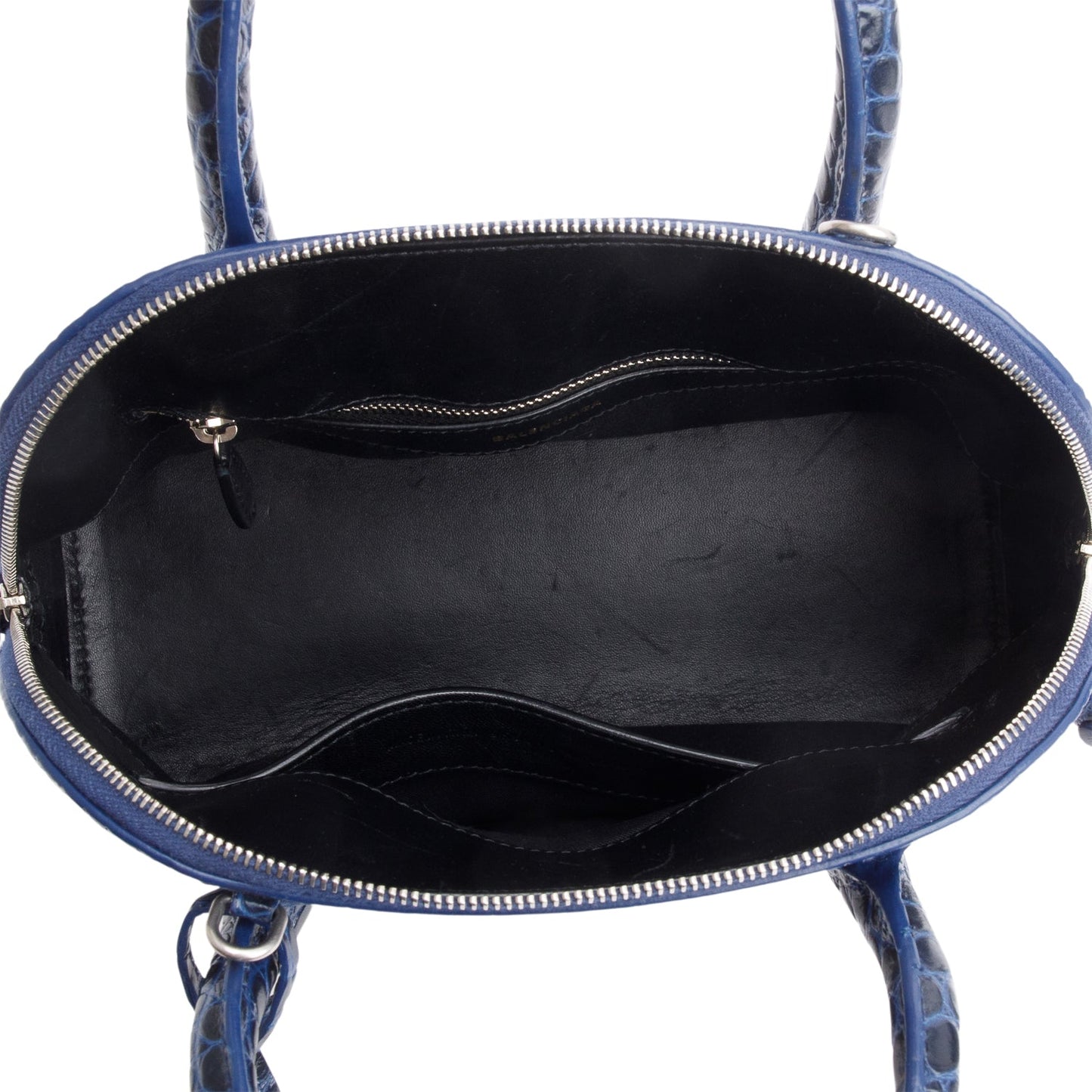 Balenciaga Navy Shiny Calfskin Logo Croc Embossed S Ville Top Handle Bag