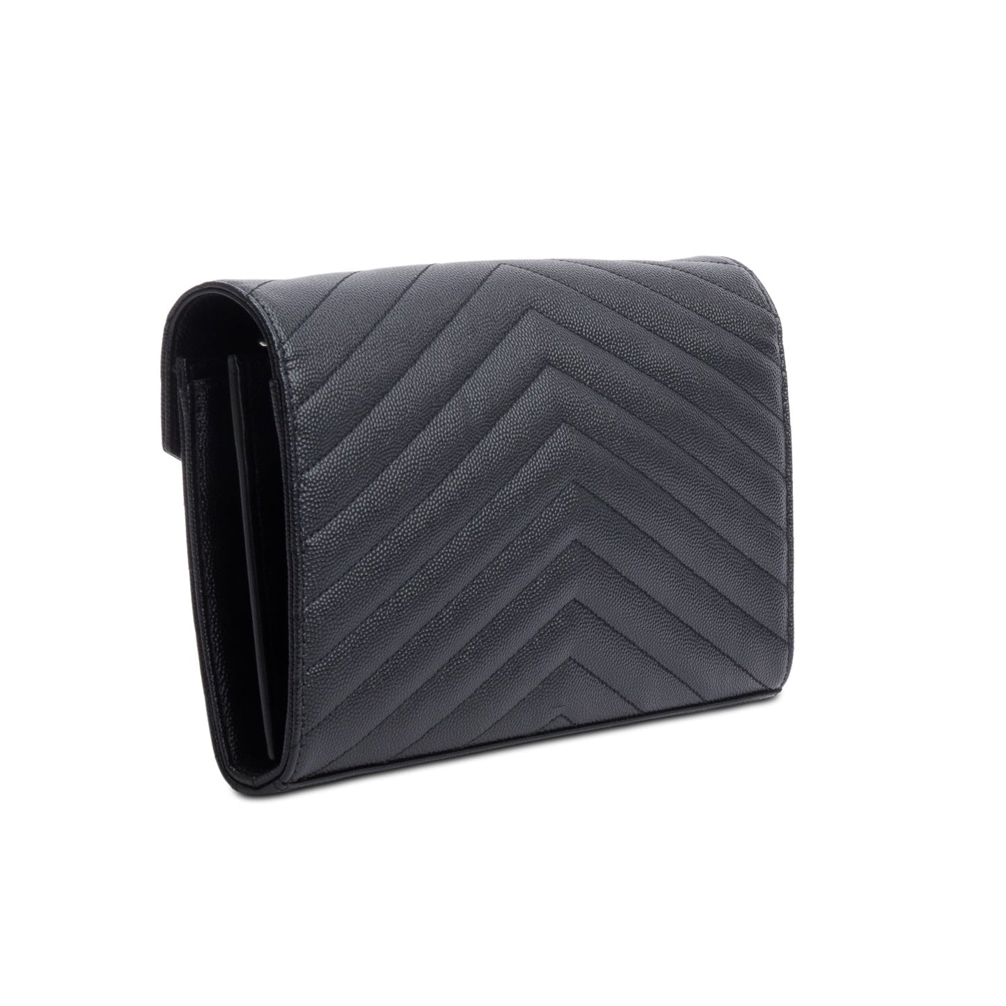 Saint Laurent 2022 Black Grain De Poudre Leather Cassandre Envelope Chain Wallet