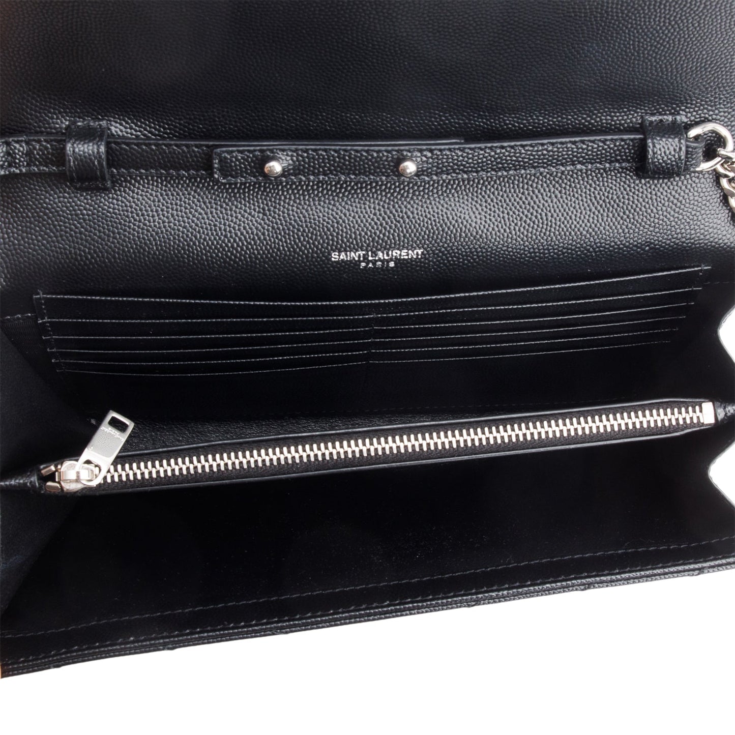 Saint Laurent 2022 Black Grain De Poudre Leather Cassandre Envelope Chain Wallet