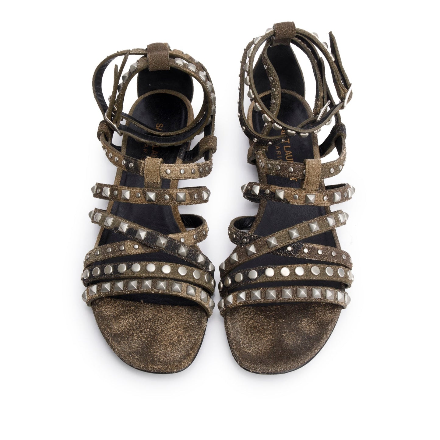 Saint Laurent Camouflage Suede Studded Gladiator Sandals, Size 37