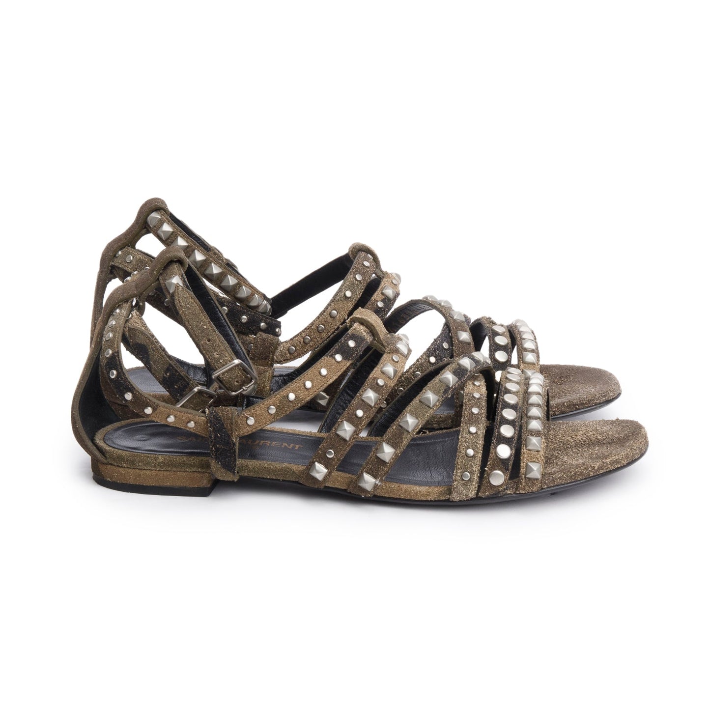 Saint Laurent Camouflage Suede Studded Gladiator Sandals, Size 37