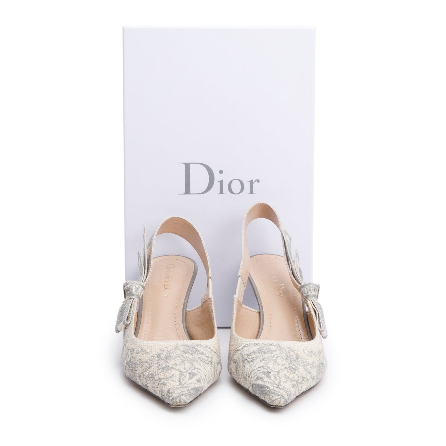 Christian Dior Grey Technical Fabric Toile De Jouy Embroidery J'Adior Slingback Pumps, Size 39