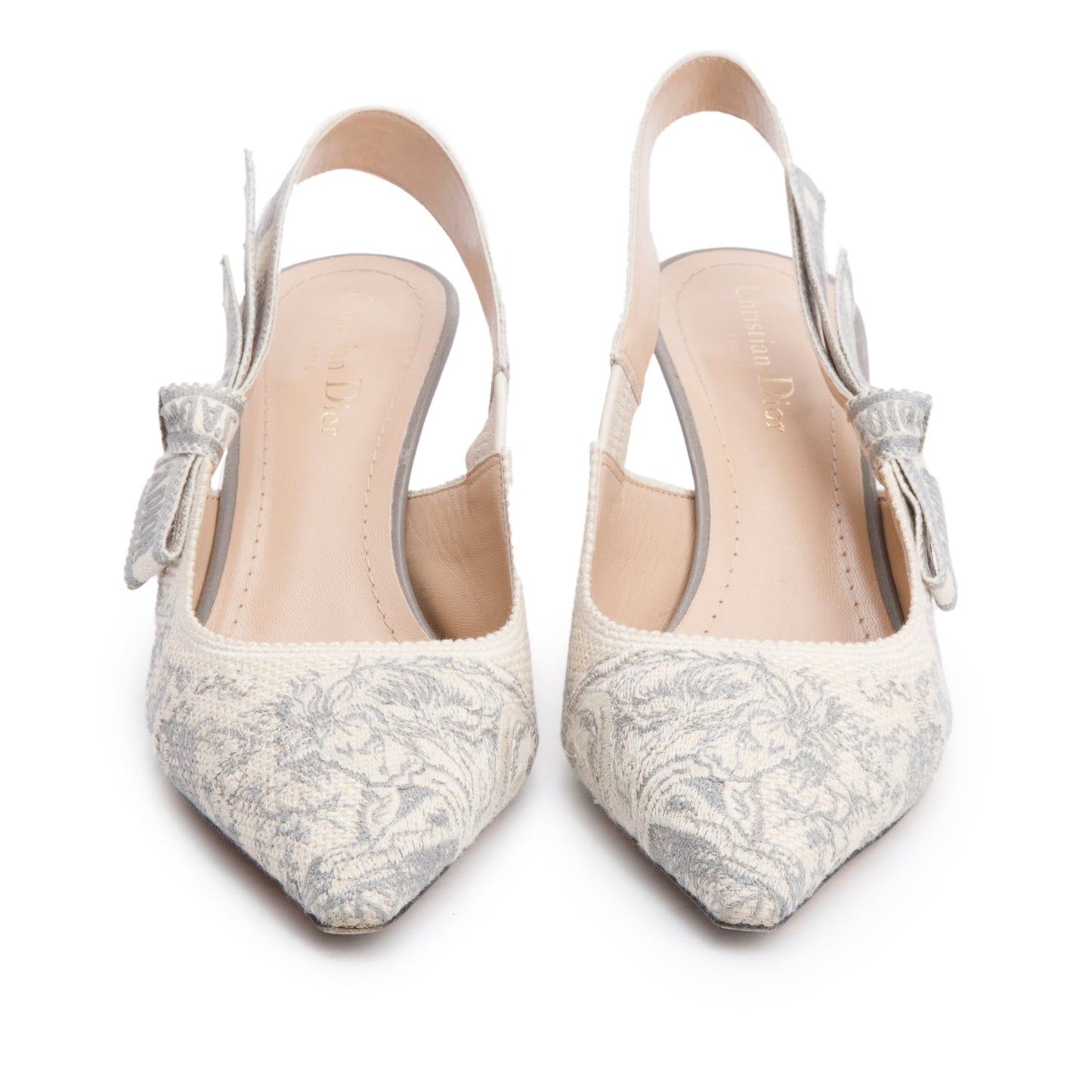 Christian Dior Grey Technical Fabric Toile De Jouy Embroidery J'Adior Slingback Pumps, Size 39